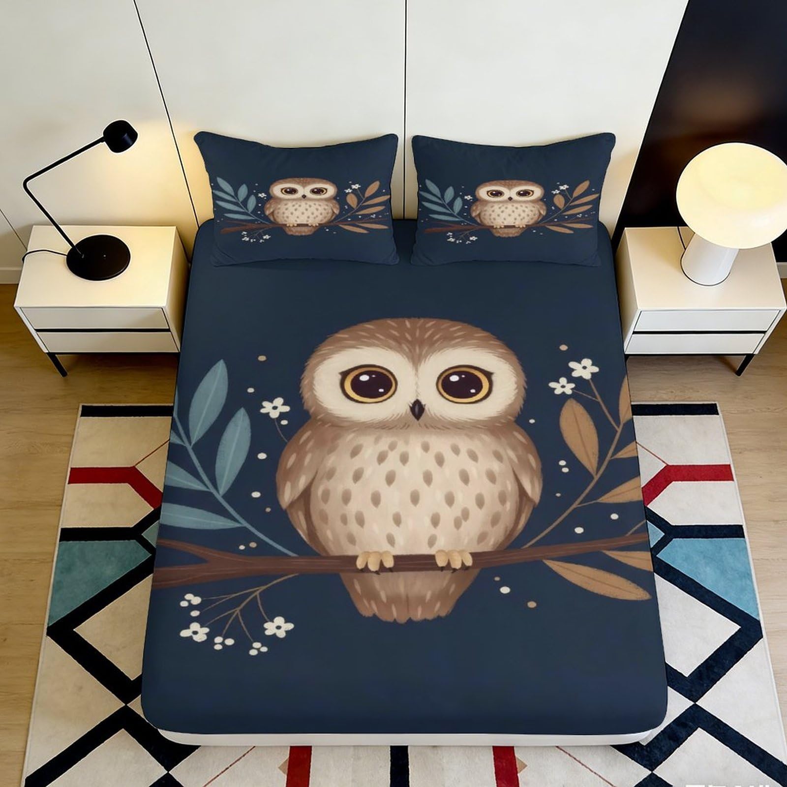 3D Printed Cute Owl Fitted Sheet Microfiber Soft Dark Blue Cartoon Branch Bed Cover for Bedroom Dorm Mattress Decor 90x200x25cm