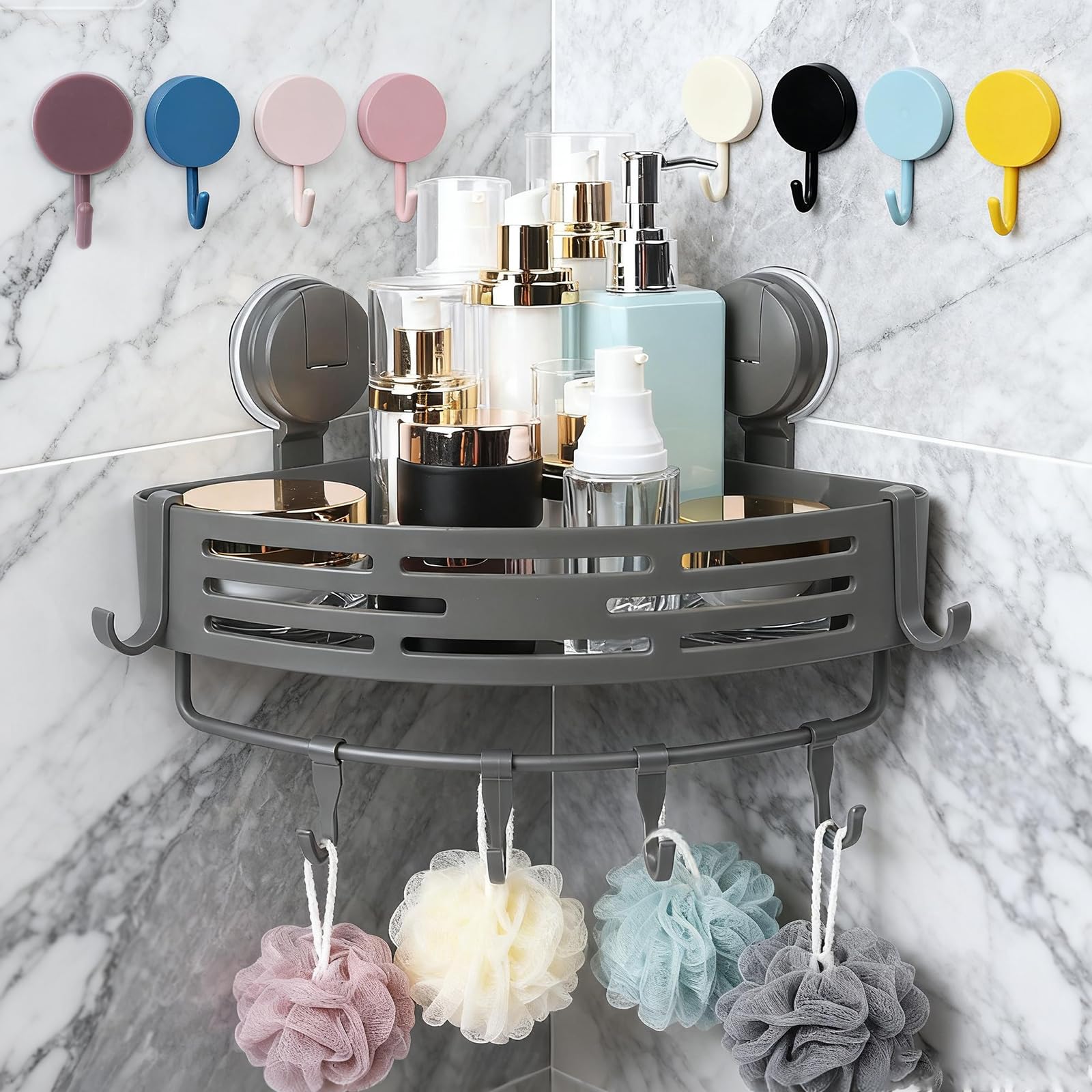 Corner Shower Caddy Plastic Suction Cups with 6 Grey Hooks and 21 Adhesive Hooks - Pastic Bathroom Shelf Wall Mounted Removable Reusable Automatic Drainage - Grey Shower Storage Rack No Drill