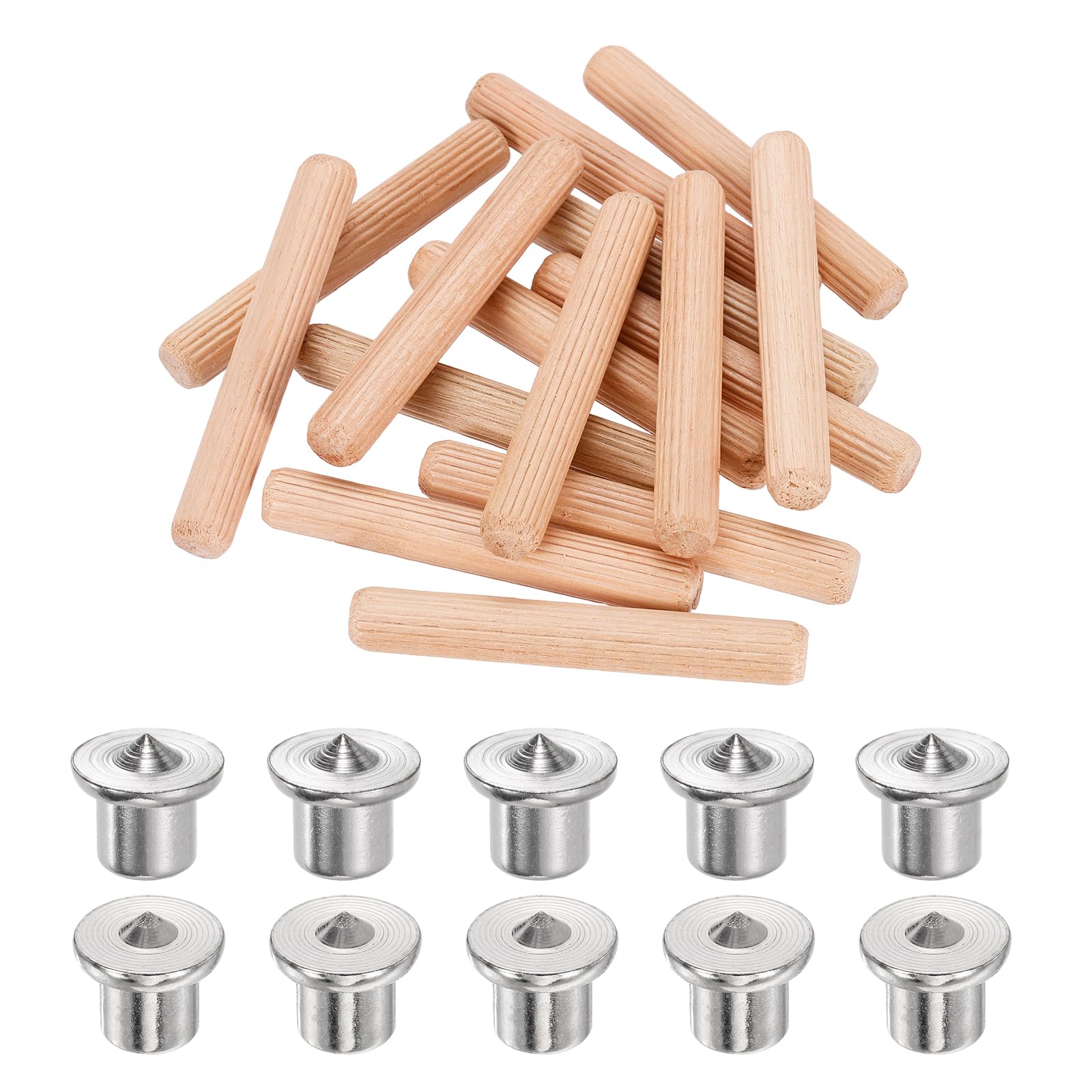 sourcing map 160Pcs Wood Dowel Pins, 10 x 70 mm Wooden Dowel Rods Straight Grooved Pins with 10Pcs Solid Hollow Dowels Tenon Center Transfer Plugs for Furniture Woodworking DIY Project — image 1