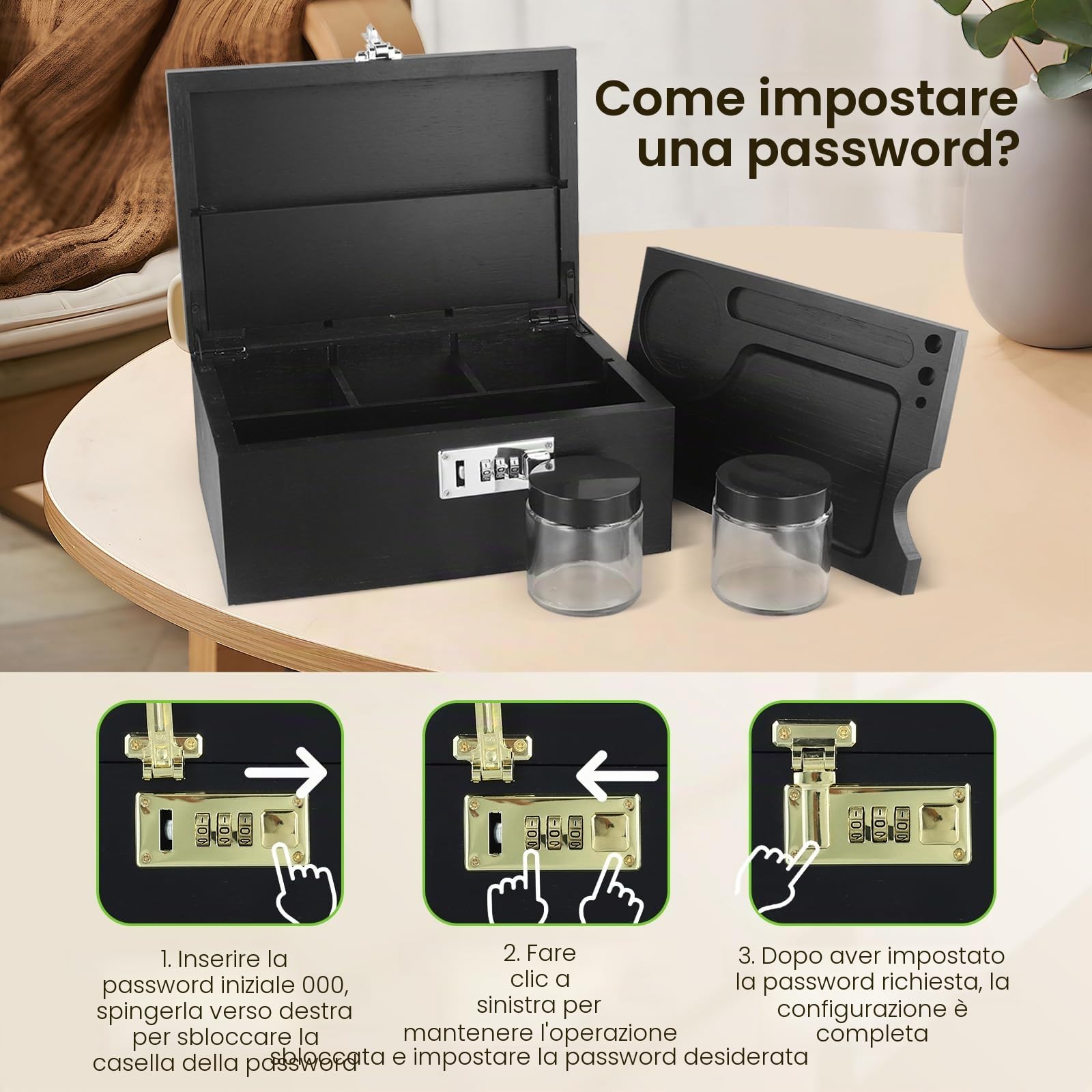 Scatola Grande in Bambù con Vassoio Scorrevole per Rollare, Scatola Portaoggetti Decorativa Multifunzionale, Set regalo di immagazzinaggio con Barattoli di Vetro e Spazzola per Pulizia (nero)