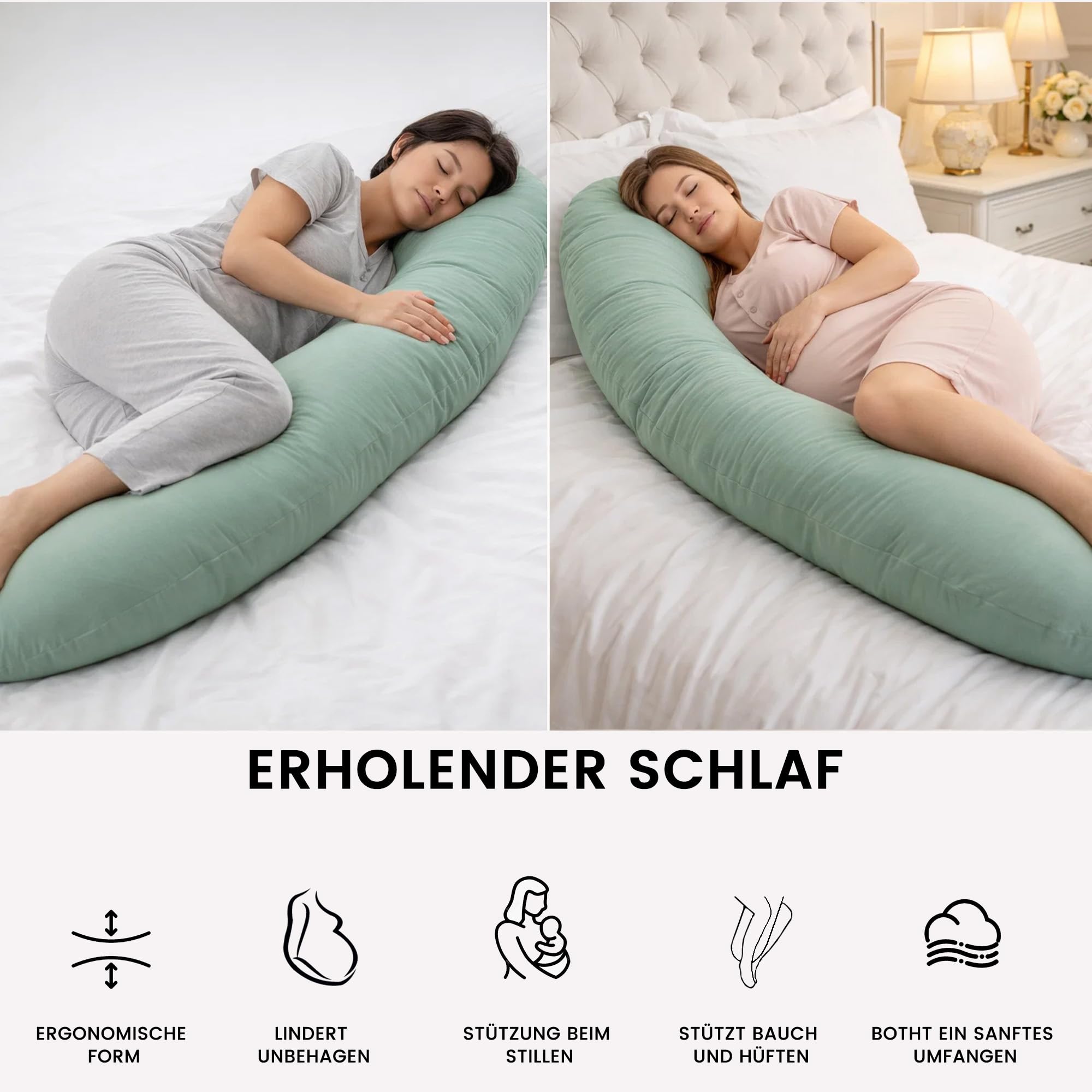 CALIYO Stillkissen XXL 190 × 32 cm, Seitenschläferkissen & Schwangerschaftskissen, Lagerungskissen für Erwachsene, Stillkissen mit Füllung und abnehmbarem, maschinenwaschbarem Bezug (Hellgrün)