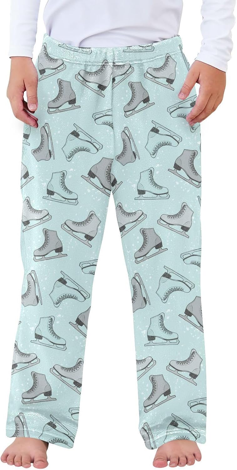 Winter Skates Ice Blue Print Plush Pajama Pants Sleepwear Bottoms Lounge Fleece Pants with Elastic Waist, S-XL