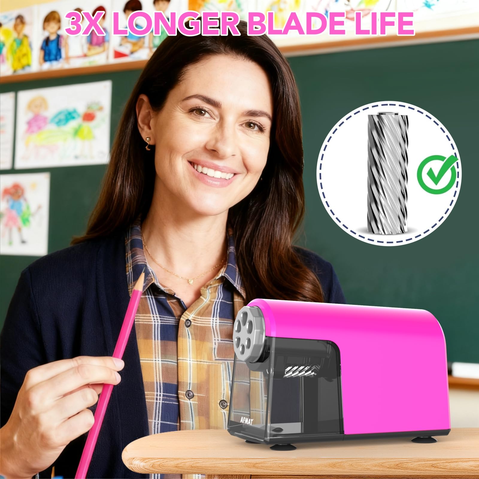 AFMAT Electric Pencil Sharpener, Rechargeable 6 Holes Heavy Duty Desk Pencil Sharpener with Container for 6-11mm, Hands-Free Sharpeners 10000 Times for School/Classroom/Office/Home/Studios, Pink, PSD2 - Image 4