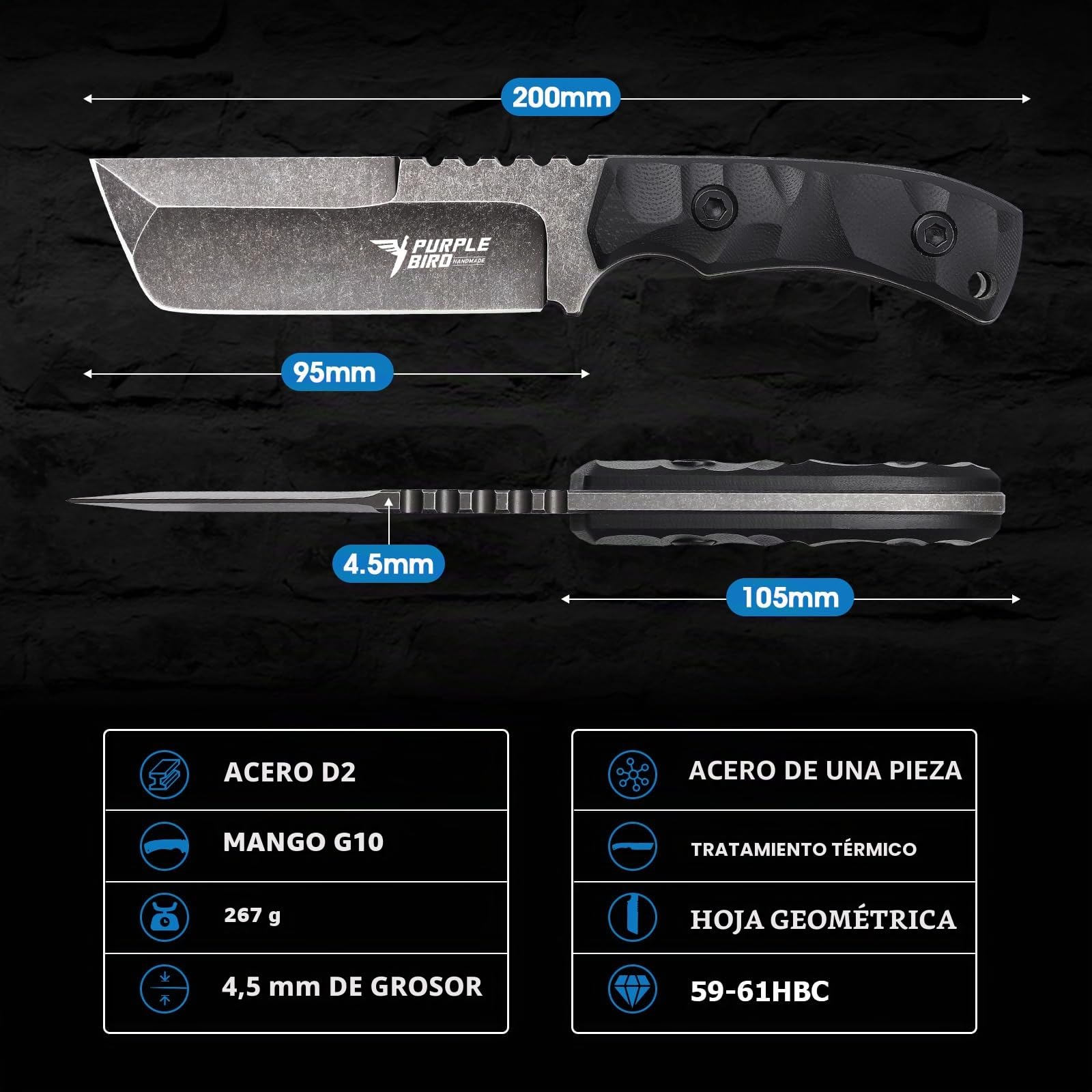 PURPLEBIRD Cuchillo Caza Hoja Fija Bushcraft para Exterior | Cuchillo de hoja fija para bushcraft, camping y aventuras en naturaleza.