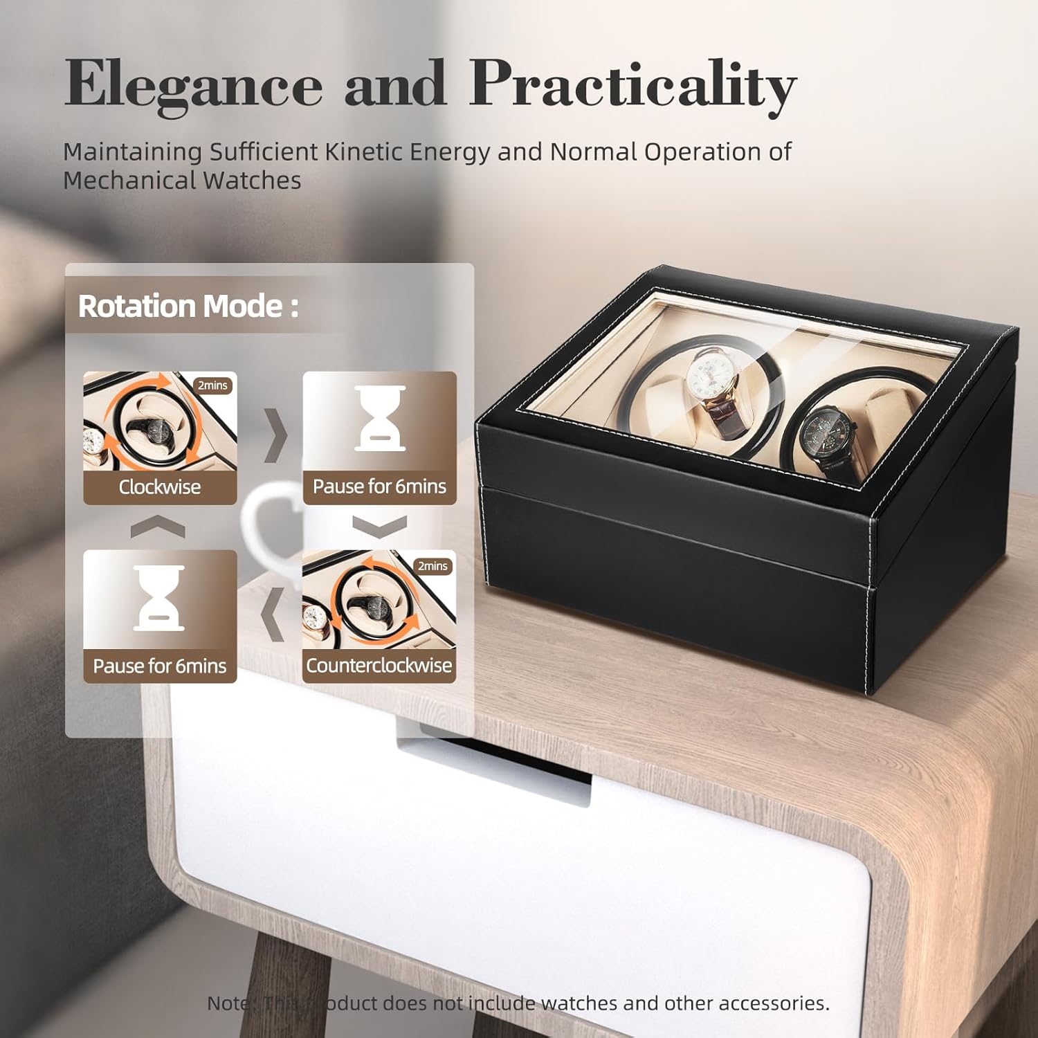 Automatic Watch Winder Collector Display,4+6 Automatic Rotation Leather Wood Watch Winder Display Box for Man/Woman's Watches (Black)