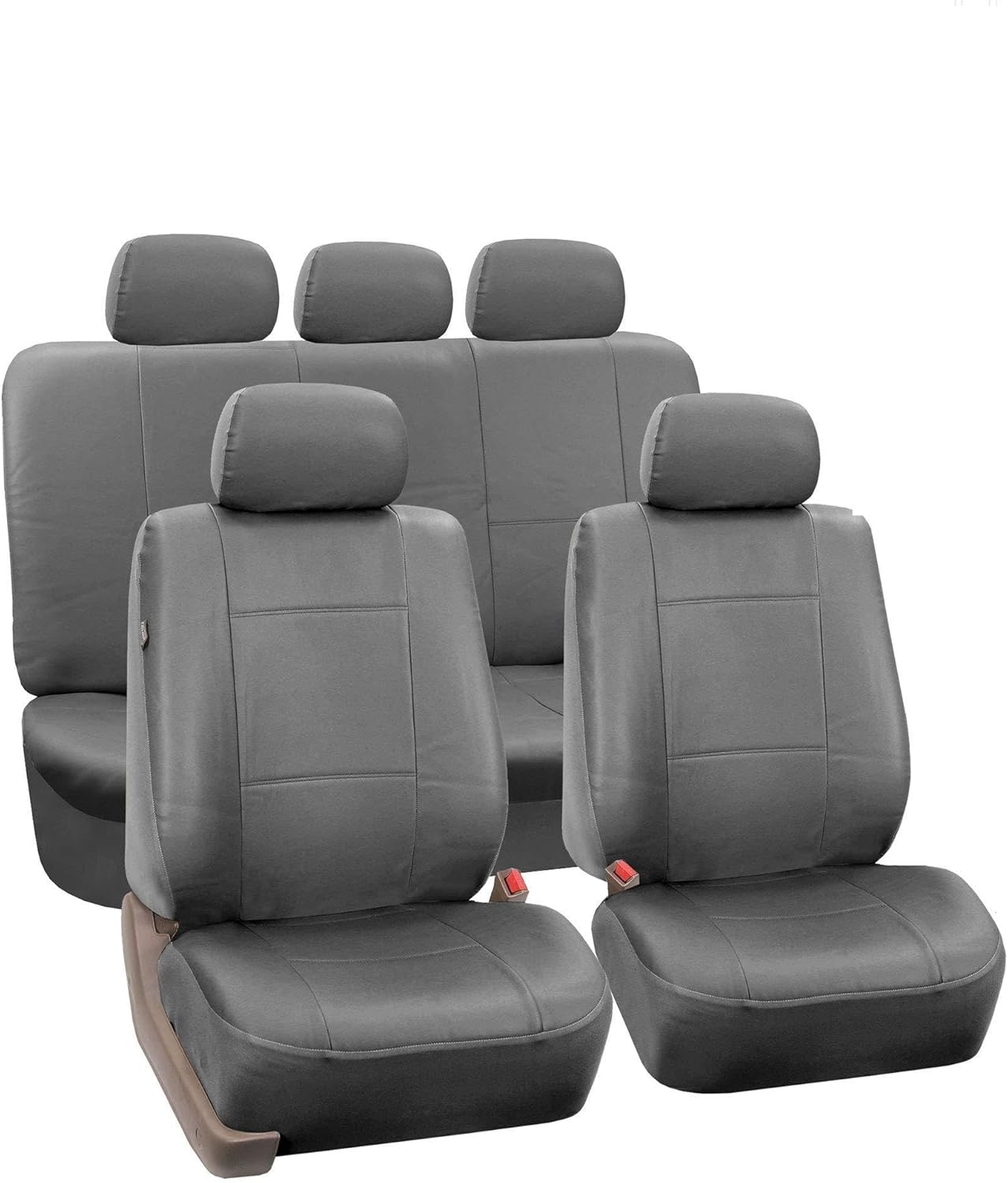 FH Group Car Seat Covers Premium PU Leather Full Set Solid Gray Combo Small Car Seat Cover Design, Airbag Compatible Split Bench Tan Interior Accessories Universal Fit Car Truck SUV Car Accessories