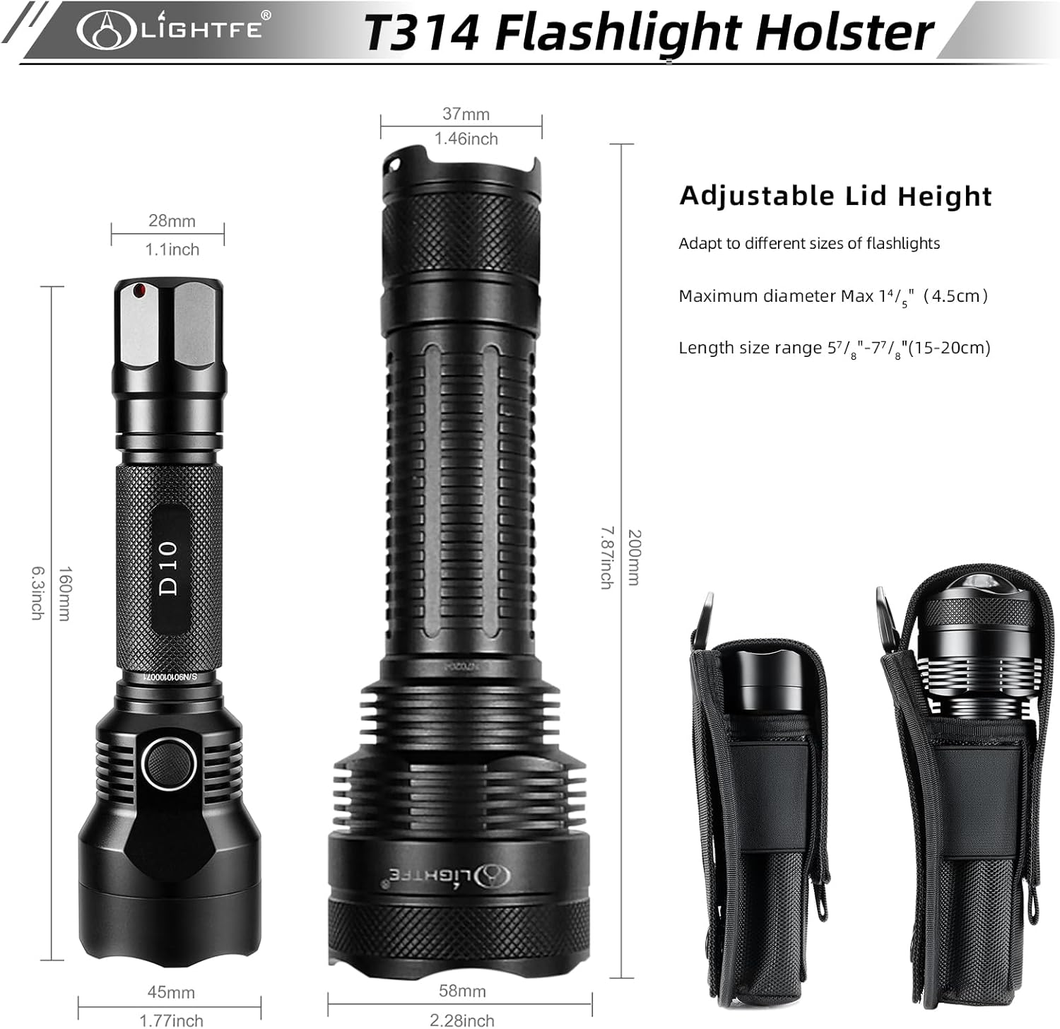LIGHTFE Flashlight Holster Flashlight Holder Molle Torch Nylon Holster Pouch Suitable for Flashlights with a Maximum Diameter of 4.5CM（1.77 inches and a Length of 15CM-20CM（6-8 inches Black