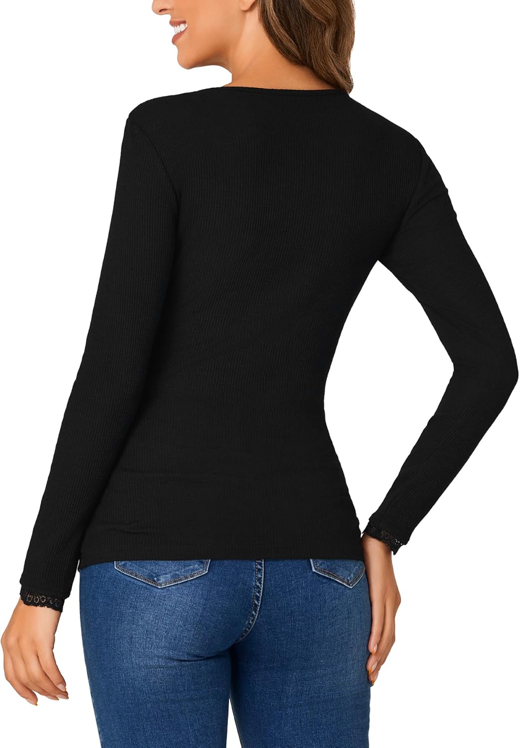 Vrtige Women's Casual Lace V Neck Long Sleeve Ribbed Fitted Blouse Shirt Top - Image 5