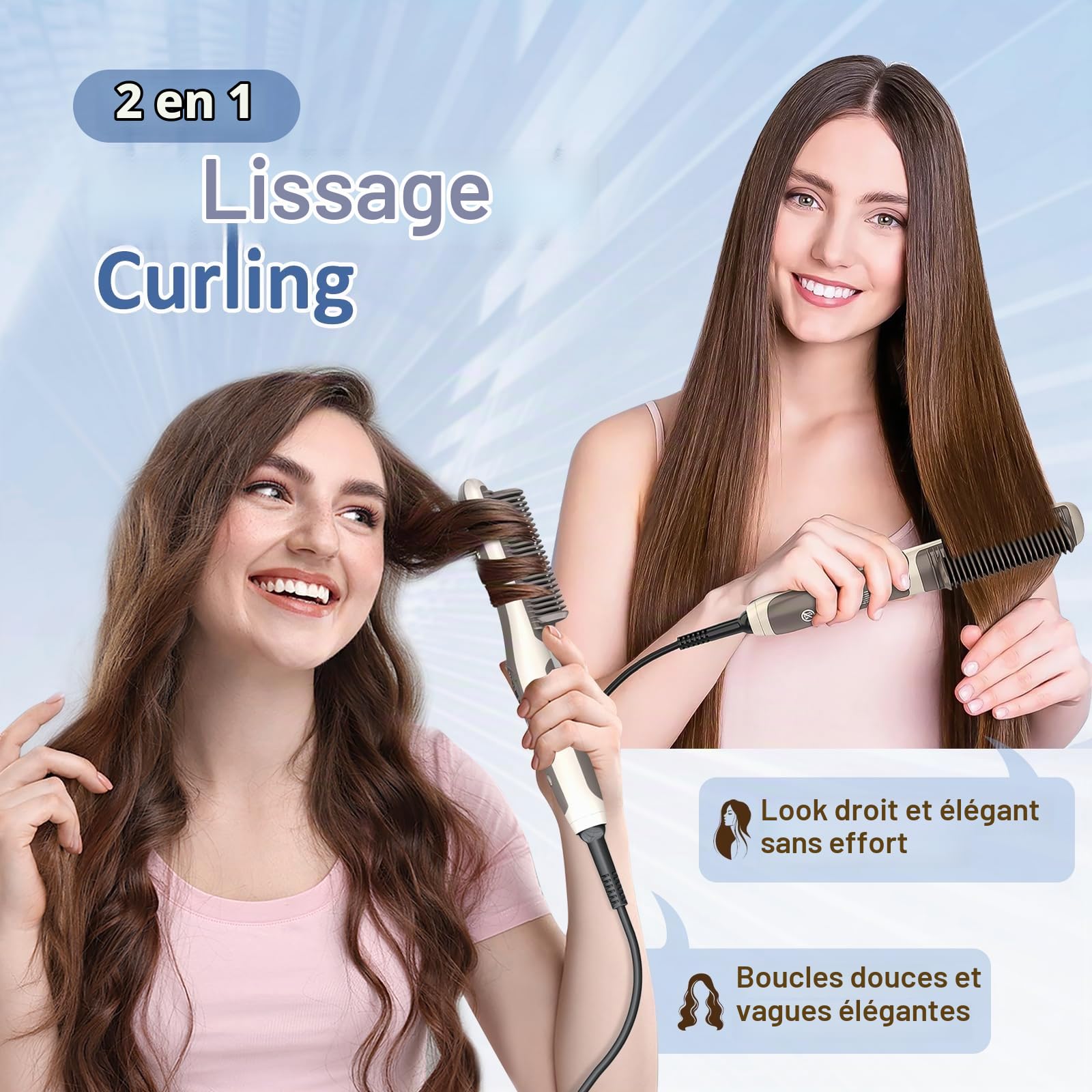 Brosse Lissante pour Cheveux, AGUG Fer à Lisser Peigne Chauffant 30s PTC Chauffage Rapide 6 températures 130-200 ℃ Lisseur Cheveux Léger Brosse Chauffante