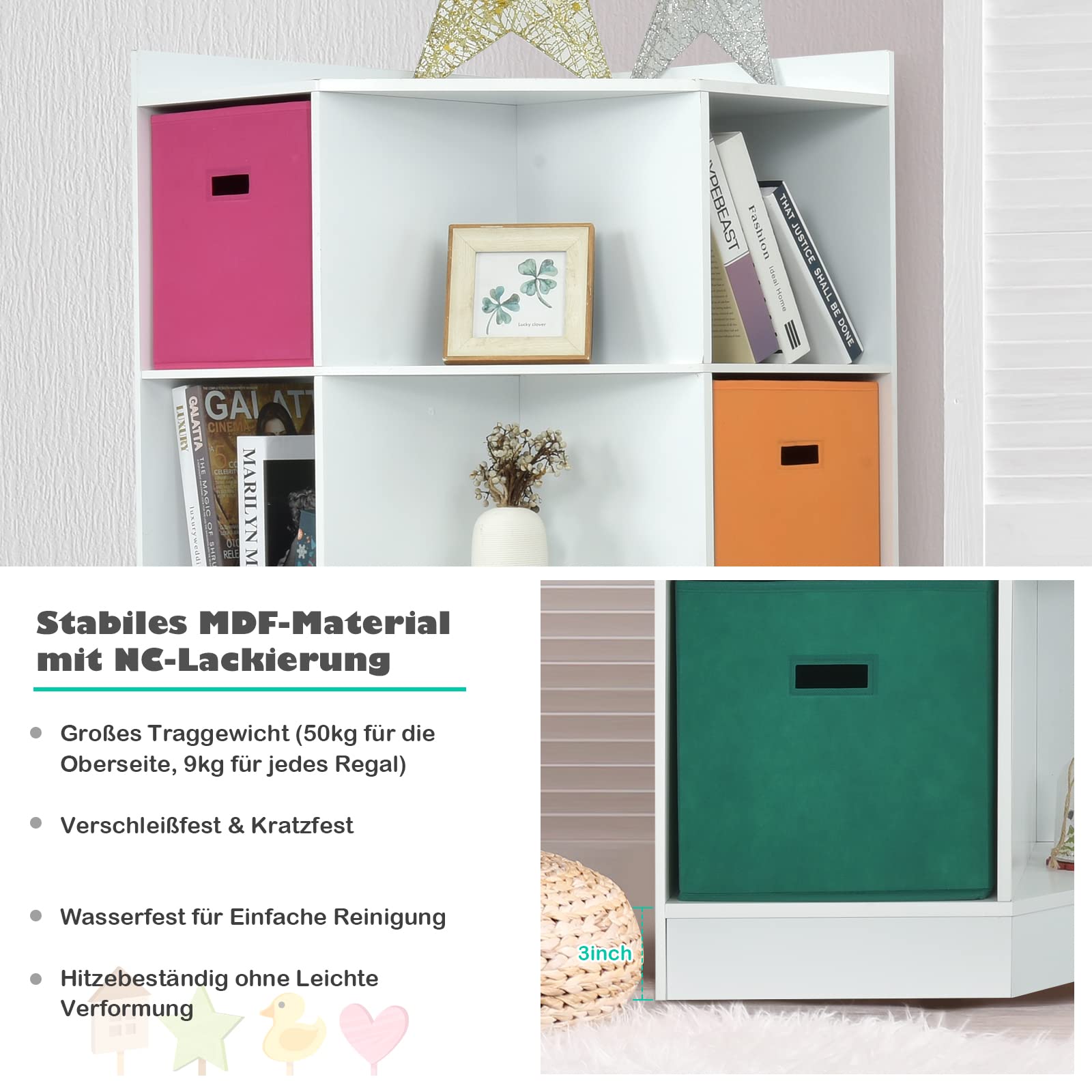 COSTWAY Bücherregal Kinder, 3-stöckiges Kinderregal mit 3 Boxen & 9 Fächern, Spielzeugregal Aufbewahrungsregal aus Holz für Kinderzimmer Schlafzimmer, 81 x 61 x 94cm (Weiß, 9 Fächer)