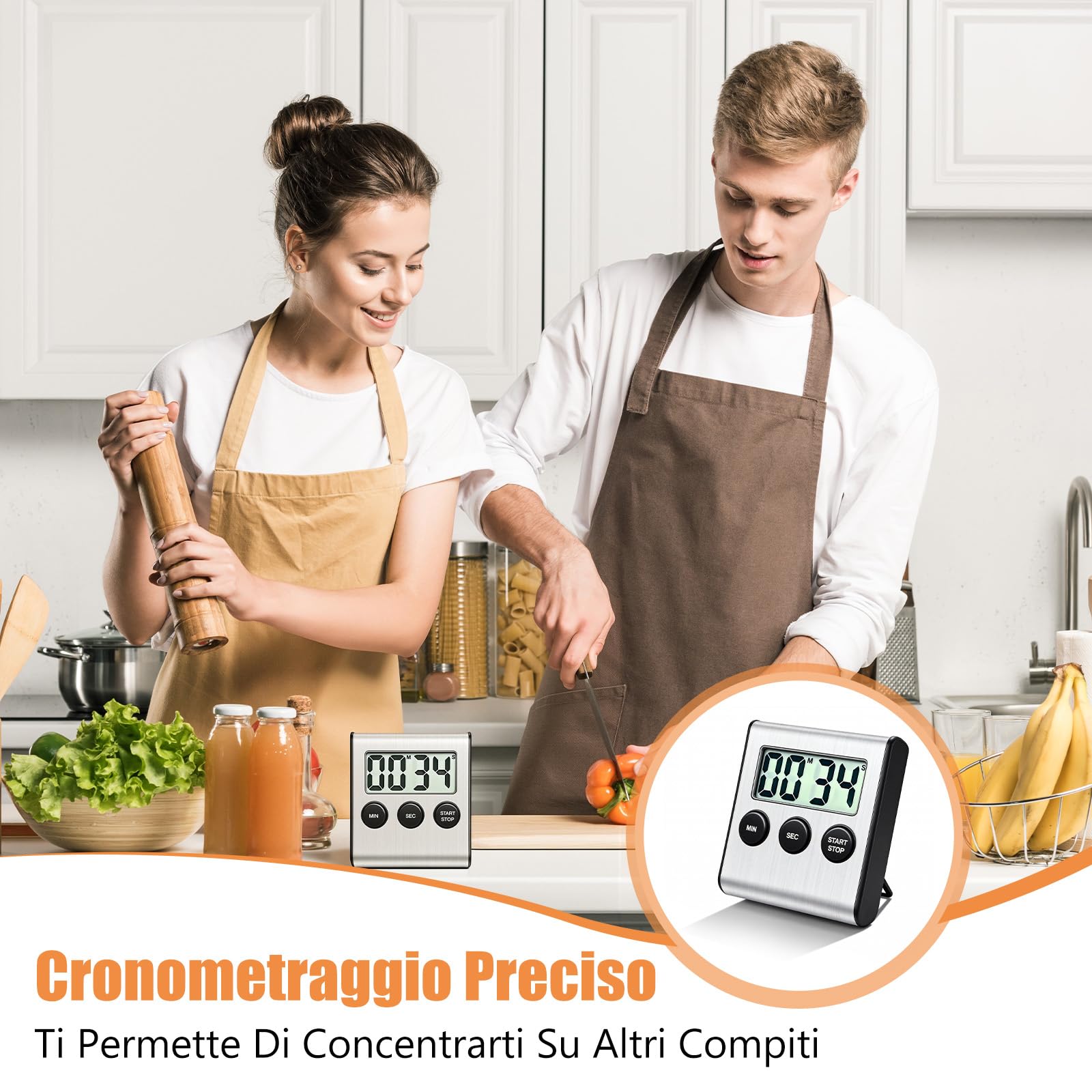 3 PCS Timer Digitale con Allarme Forte con Cifre Grandi, Timer da Cucina Digitale con Supporto Magnetico e Interruttore on/off per Cucinare, Sport, Studio, Riunioni, Acciaio Inossidabile