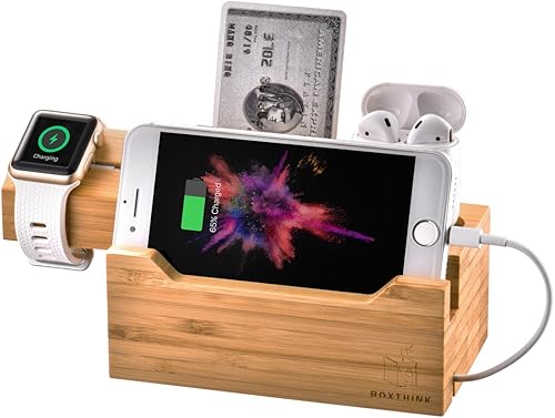 Estación de carga para Apple Watches, iPhones, Air Pod Apple Watch Cargador Soporte Air Pods Base de carga de madera de bambú con 3 puertos de