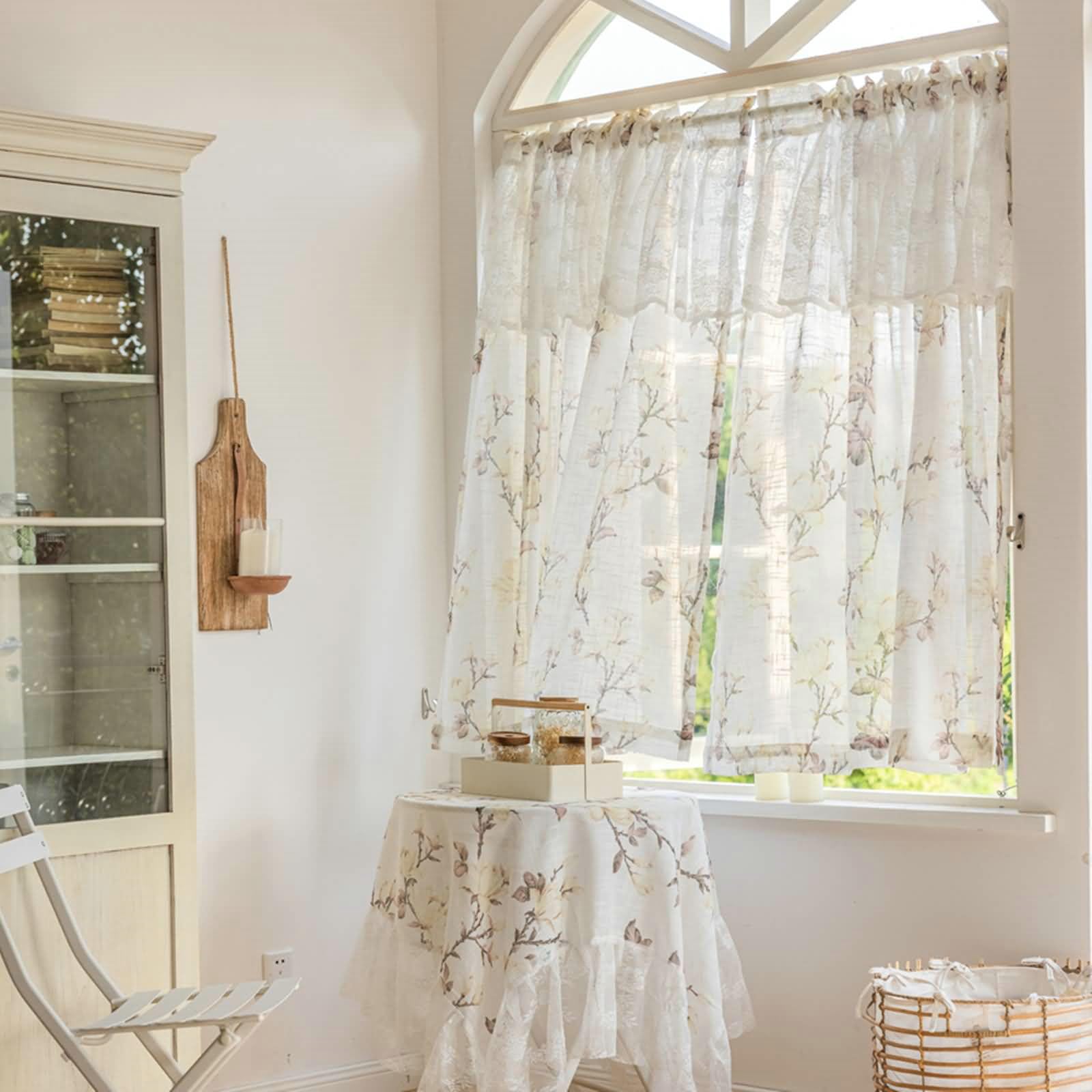 Tenda semitrasparente beige 137,2 cm di lunghezza, 2 pannelli, con tasca per asta, con stampa floreale, per camera da letto e soggiorno, ogni pannello 101,6 cm di larghezza x 137,2 cm di