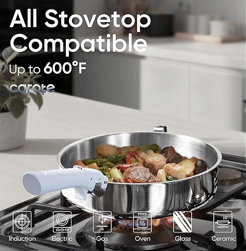 Miniatura 2 de CAROTE Sartén de acero inoxidable de tres capas de 10 pulgadas, sartén antiadherente de 4 cuartos con mango desmontable, sartén de cocina de acero