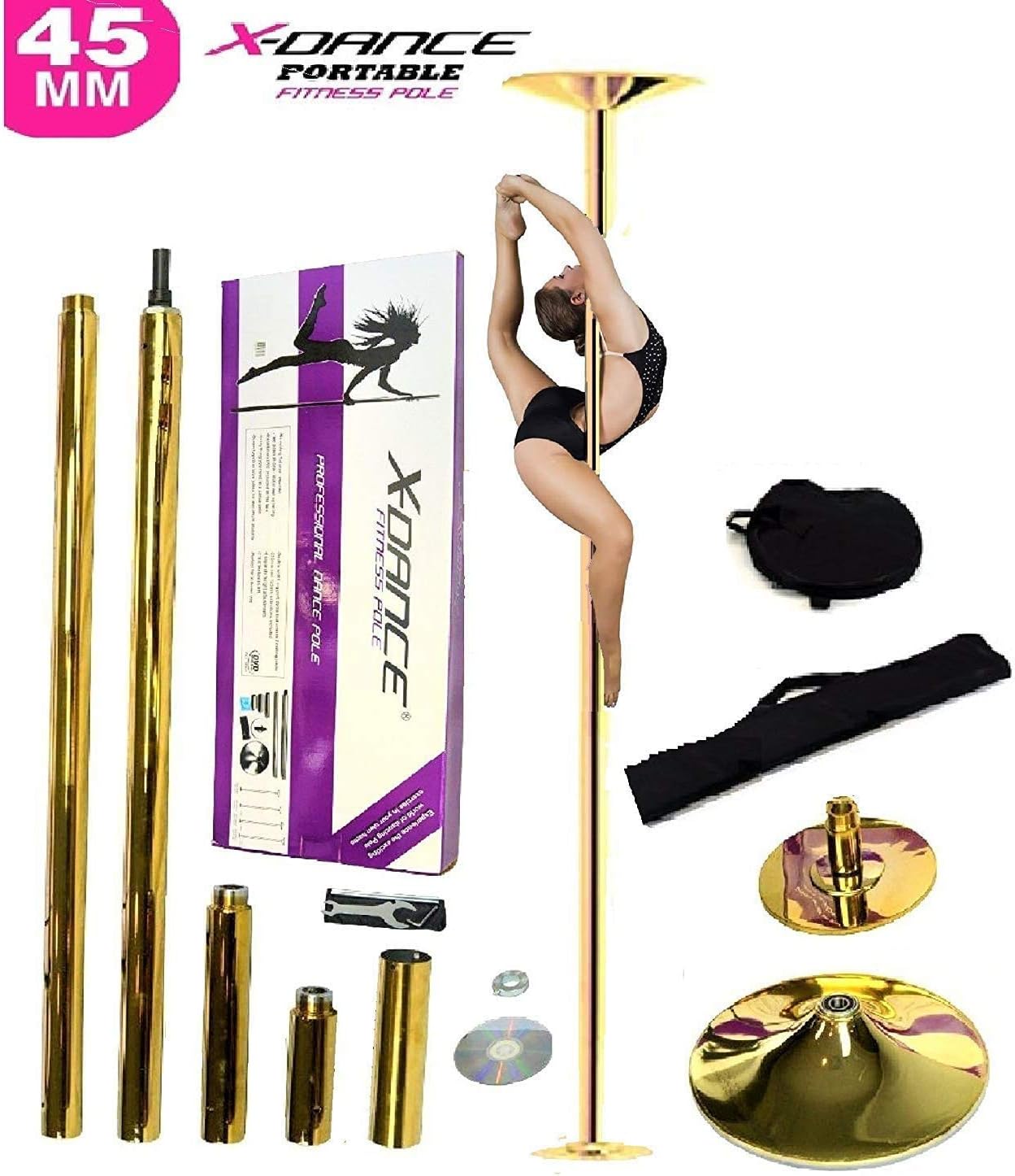 X-Dance Pole 45mm Gold Professional Exotic Removable 9 FT Pole Dance Exercise Fitness with 2 Carrying Black Bags : Sports & Outdoors