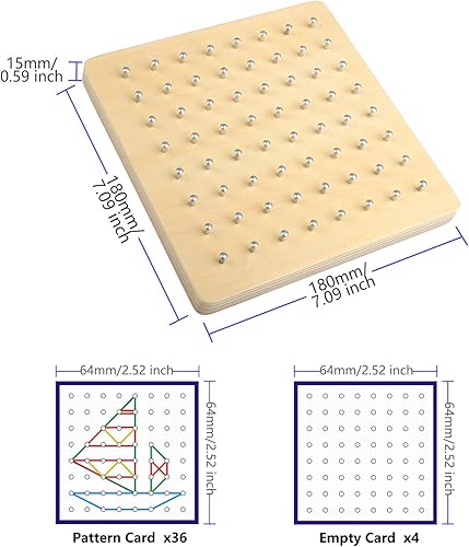 Miniatura 6 de Thoth Montessori - Geoboard de madera matemático de material manipulador de matriz con 36 tarjetas de patrón y bandas de goma matriz de 8 x 8 para