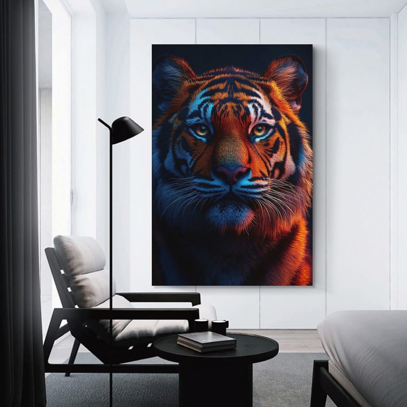 Junmoney Tiger Portrait with Neon Lighting Hanging Wall Art 24x36inch(60x90cm), for Study, Office Or Focused Interiors, Wall Art That Adds Style to Work Areas
