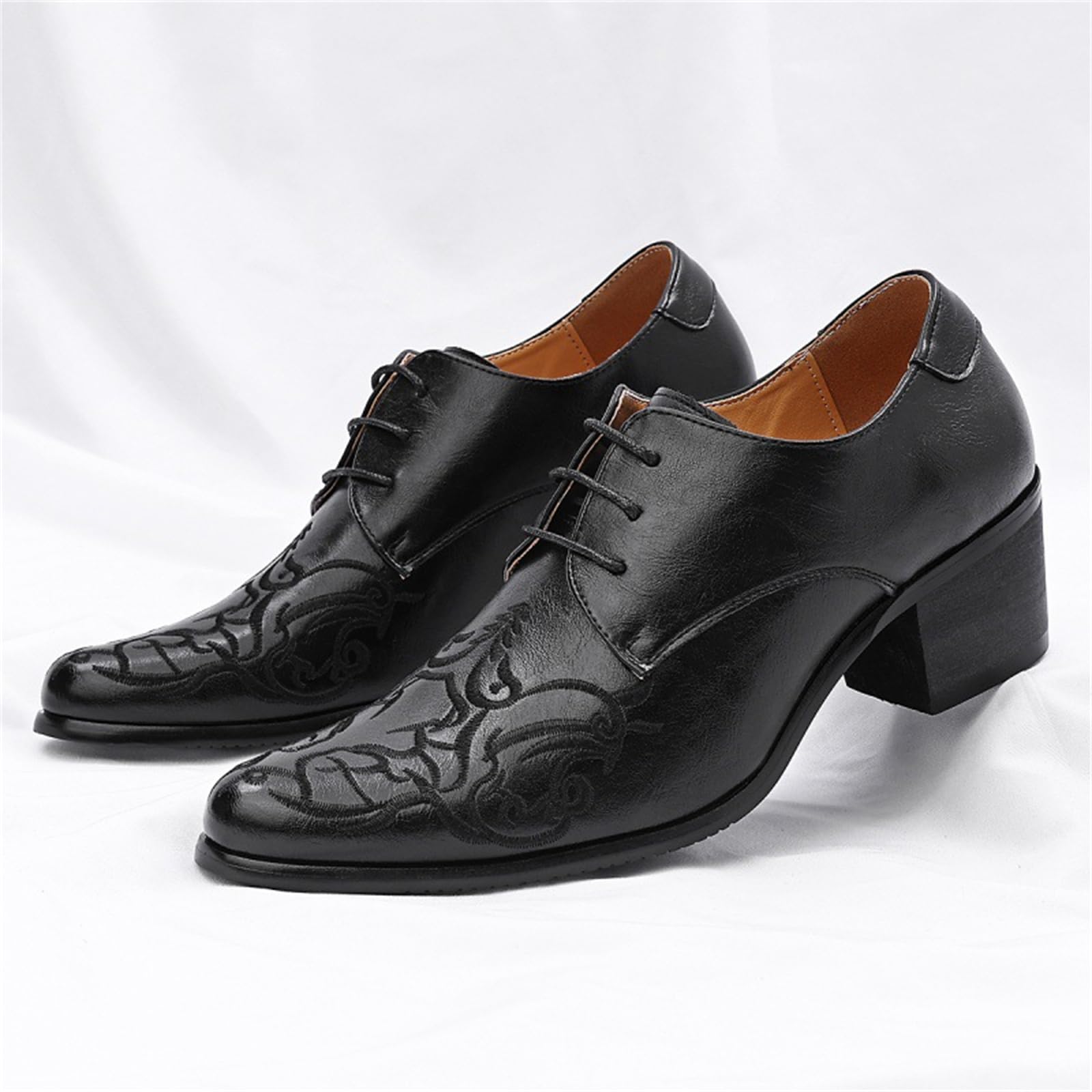 Męskie buty wizytowe ze szpiczastym noskiem buty do tańca na wysokim obcasie sznurowane skórzane retro do biznesu