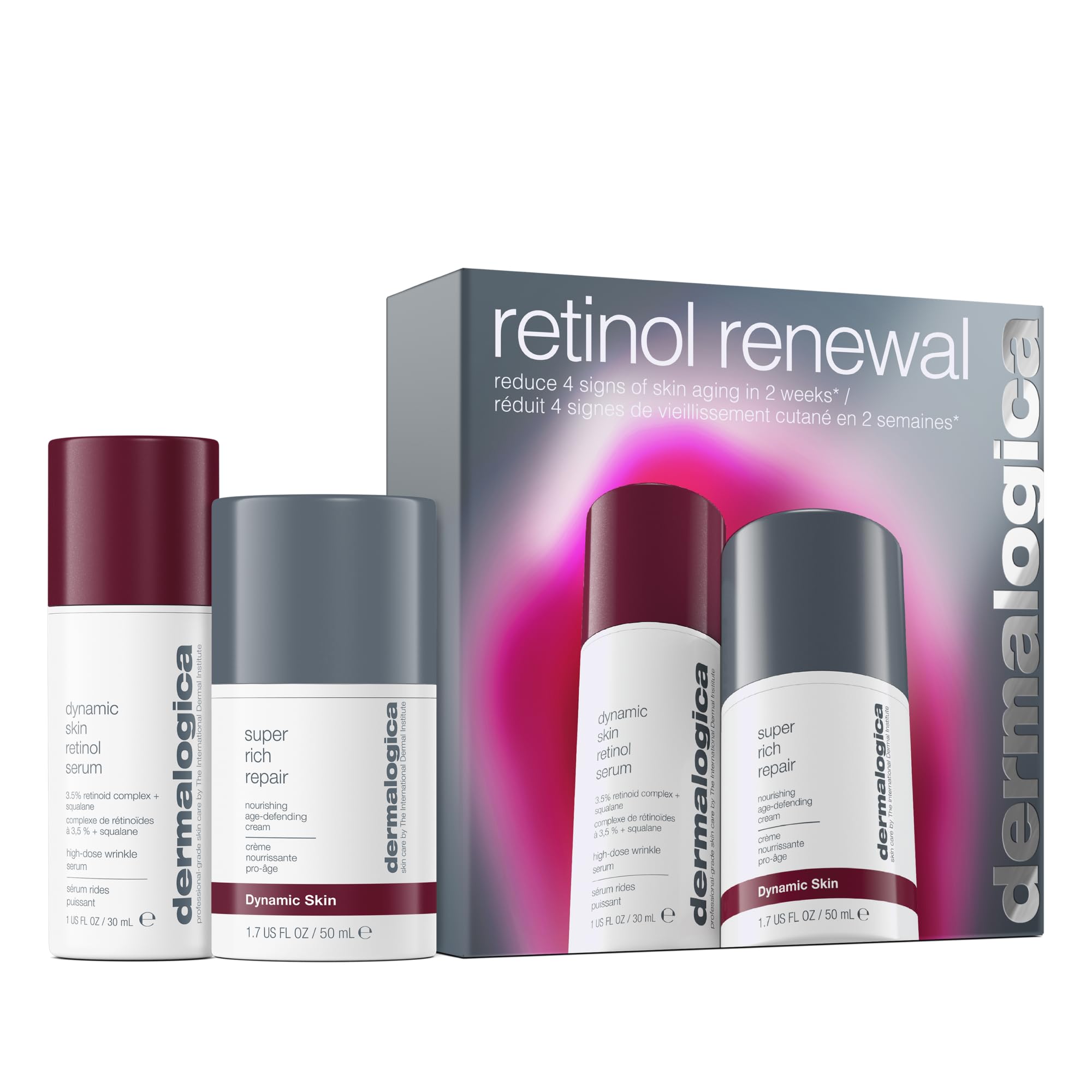 Dermalogica Retinol Renewal Gift Set, Full-Size Dynamic Skin Retinol Serum 30ml, Super Rich Repair Moisturiser 50ml, Skincare Set, Pack of 2