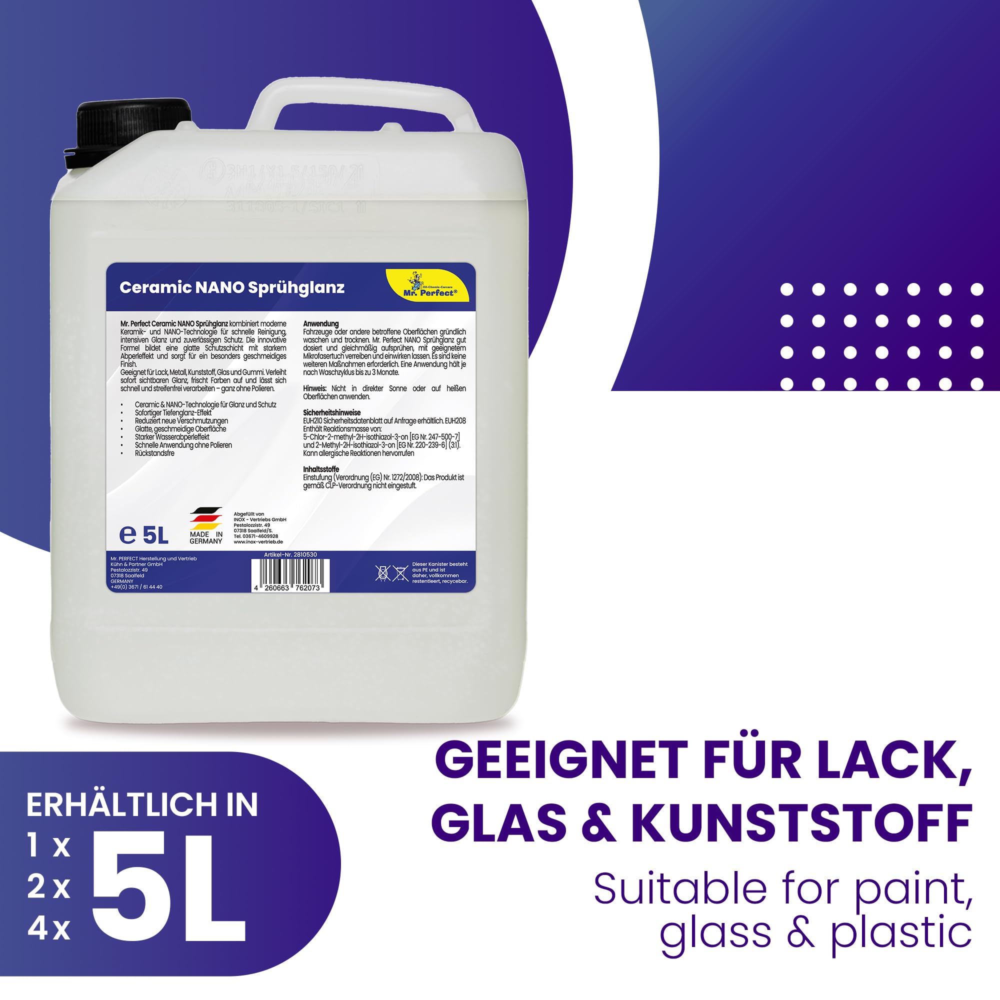 Mr. Perfect Ceramic NANO Sprühglanz 4 x 5 Liter | Keramikversiegelung fürs Auto mit starkem Abperleffekt | Sprühwachs, Lackversiegelung & Glanz für Lack, Kunststoff und Glas | Made in Germany