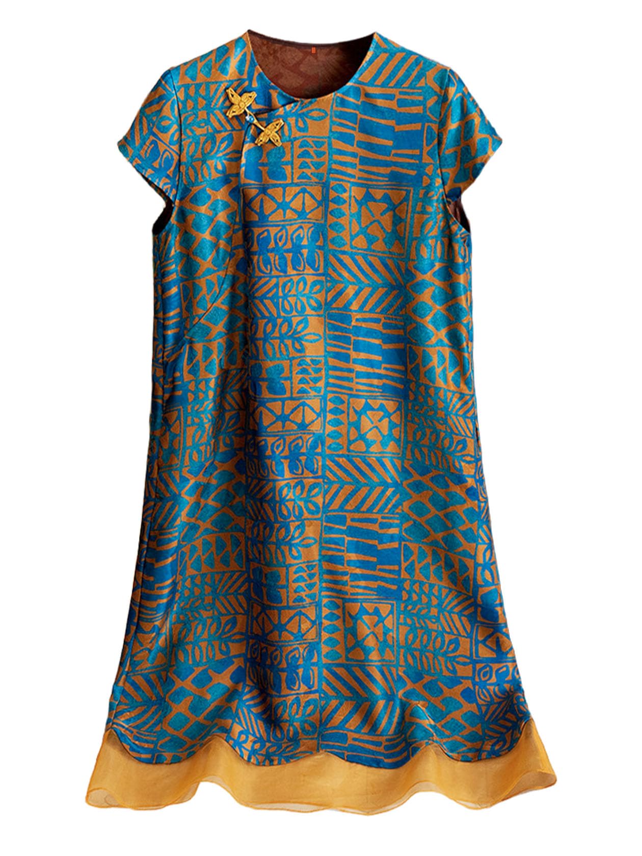 Robe en soie pour femme fluide style patchwork à manches courtes 5084