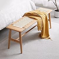 Vista 8 de Banco de comedor de madera, roble macizo 100% natural con diseño de ratán, borde redondeado, banco para entrada, comedor, dormitorio, sala de estar