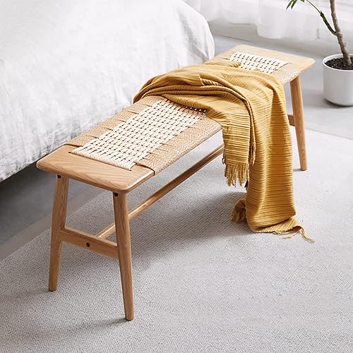 Miniatura 2 de Banco de comedor de madera, roble macizo 100% natural con diseño de ratán, borde redondeado, banco de entrada para comedor, dormitorio, sala de