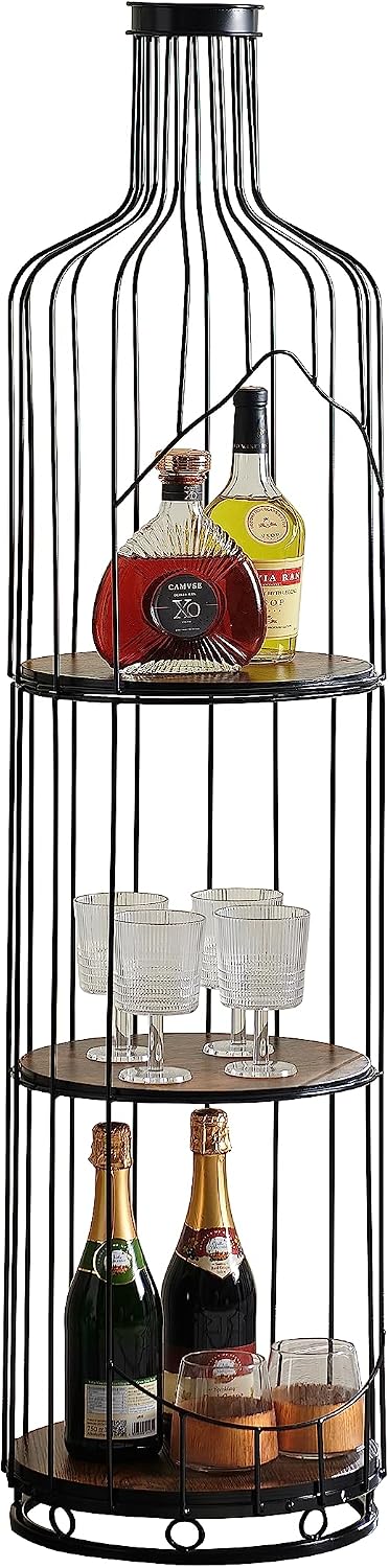 Kings Brand Furniture - Tall Wine Bottle Shaped Stand with Shelf, Freestanding Floor Wine Rack Holder, Liquor Bar Shelves Storage Organizer - Black Oak