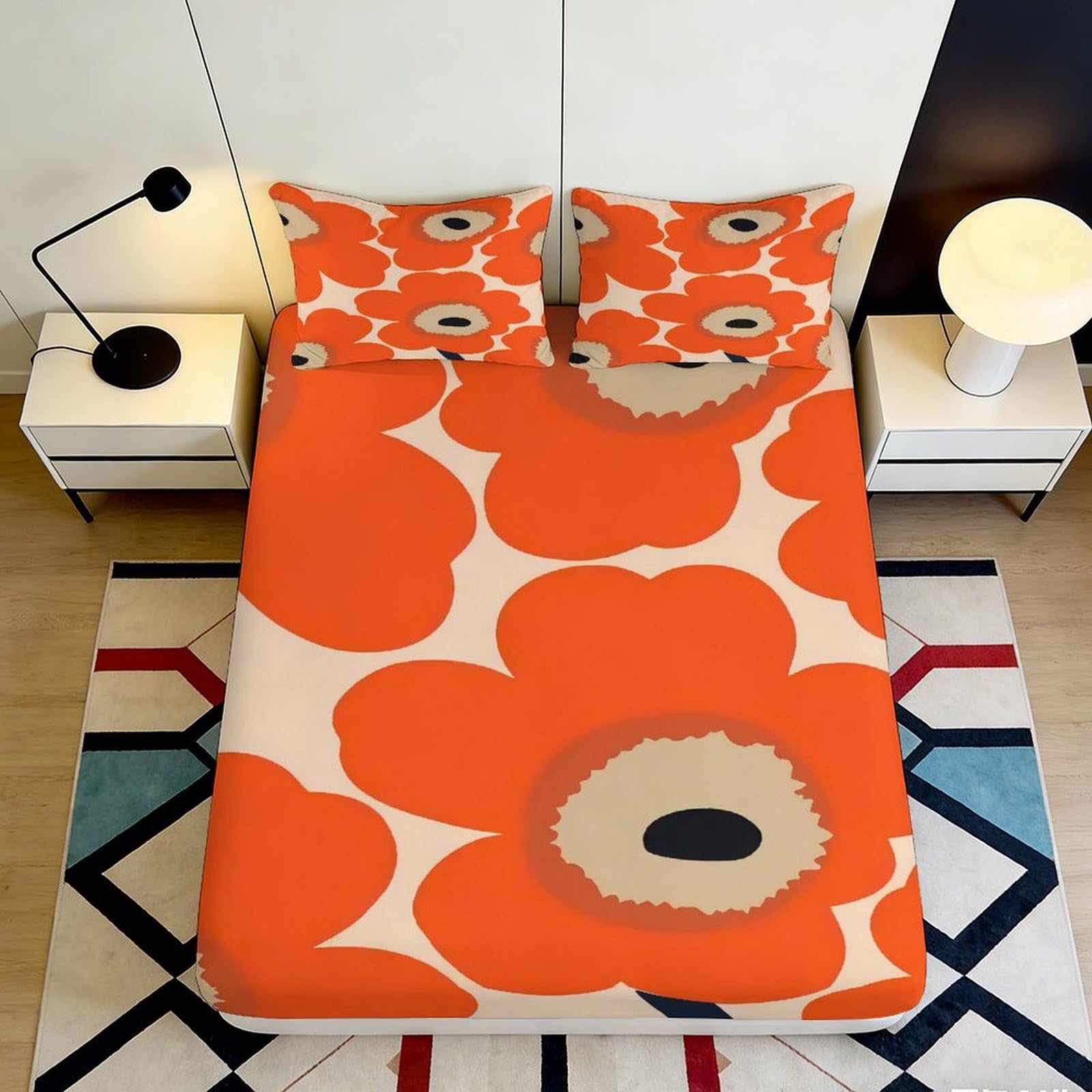 3D Printed Orange Poppy Fitted Sheet Microfiber Modern Floral Red Art Mattress Cover for Bedroom Guest Room Decor 90x200x25cm