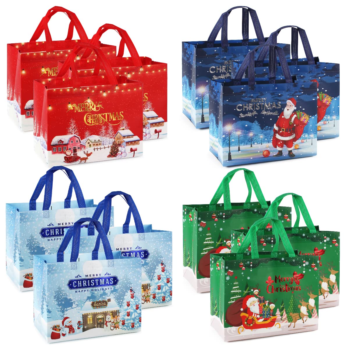 12 Sacchetti Regalo Di Natale Extra Large - Riutilizzabili In Tessuto Non Tessuto, Con Manici, 43x32x18 Cm, 6 Fantasie