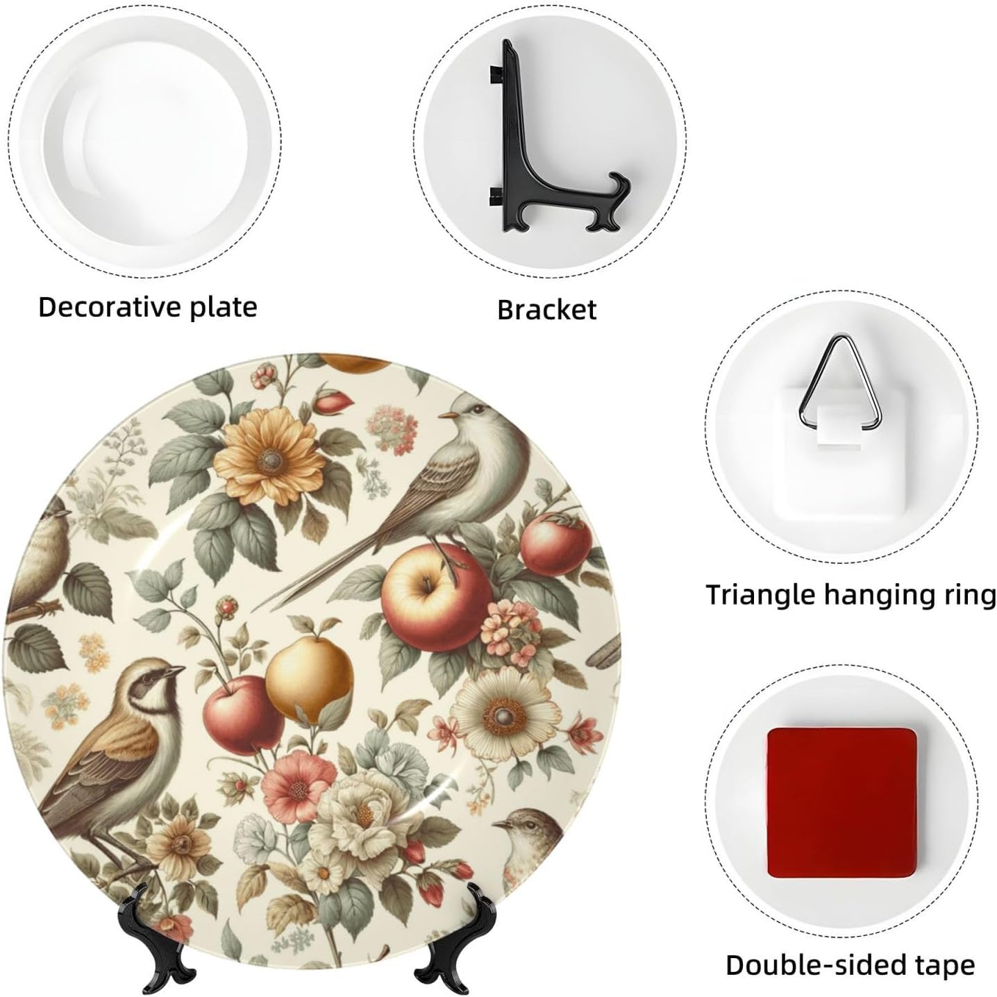 Birds-Flowers-Fruit 10 Inch Decorative Plate With Stand, Elegant Display Wall Plate For Home Decor