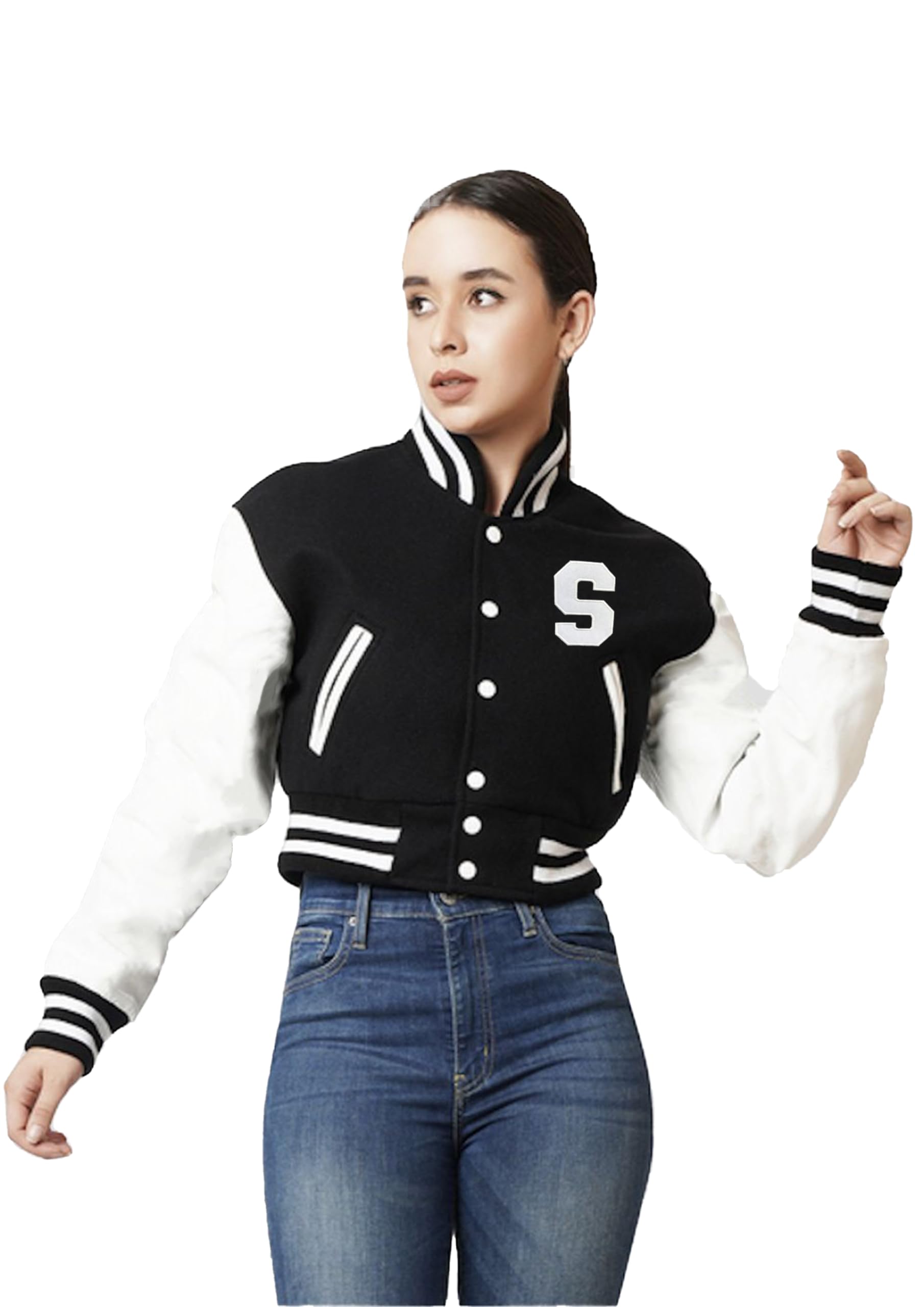 koverify Cotton Blend A to Z Letter Embroidery Stylish Long sleeve Letterman Black Crop Varsity Jacket-picture-10