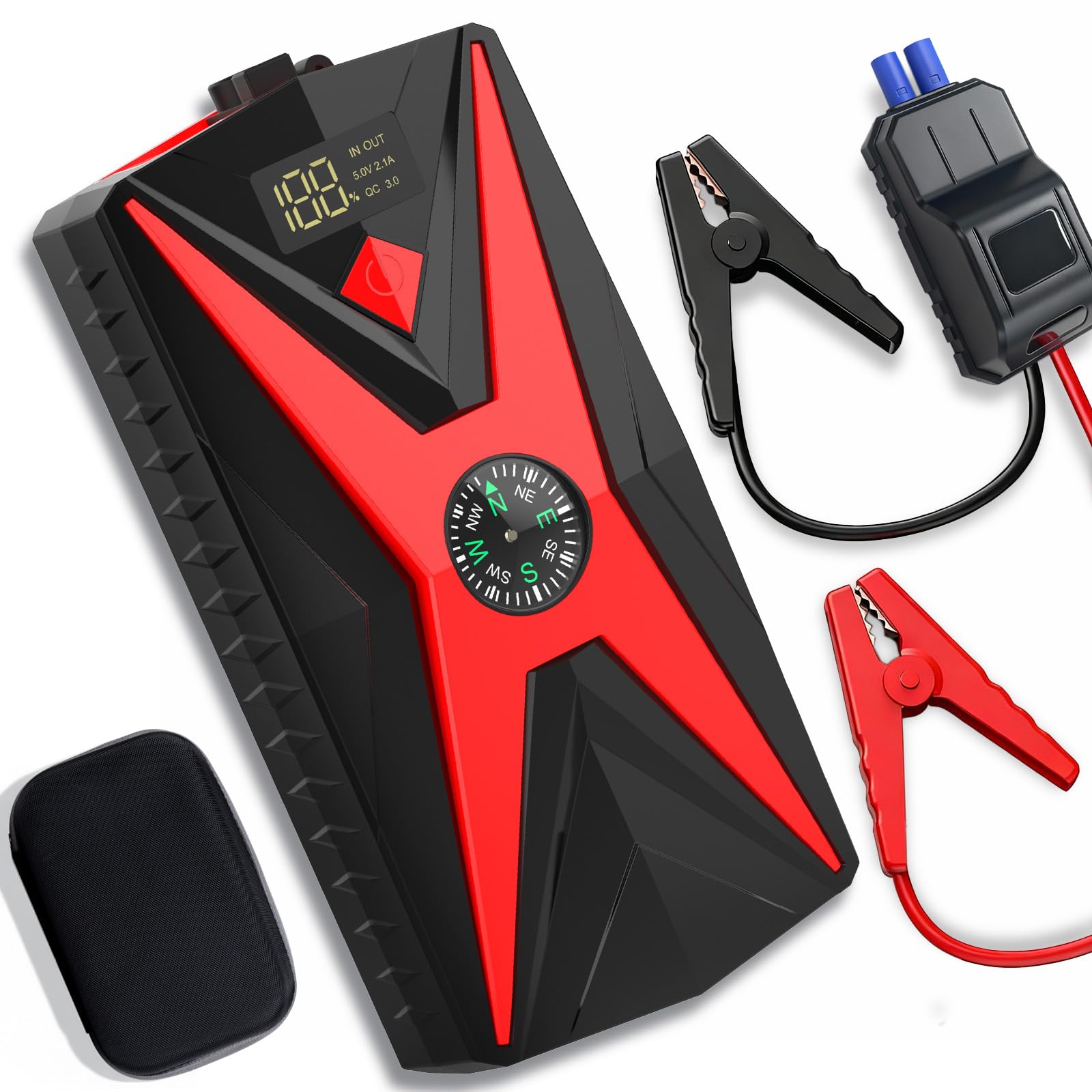 Car Battery Jump Starter, 2000A Peak Car Jumper Starter Portable, 10000mAh (for up to 6.0L Gas or 4.0L Diesel Engine) 12V Battery Box with Built-in LED Light and Compass