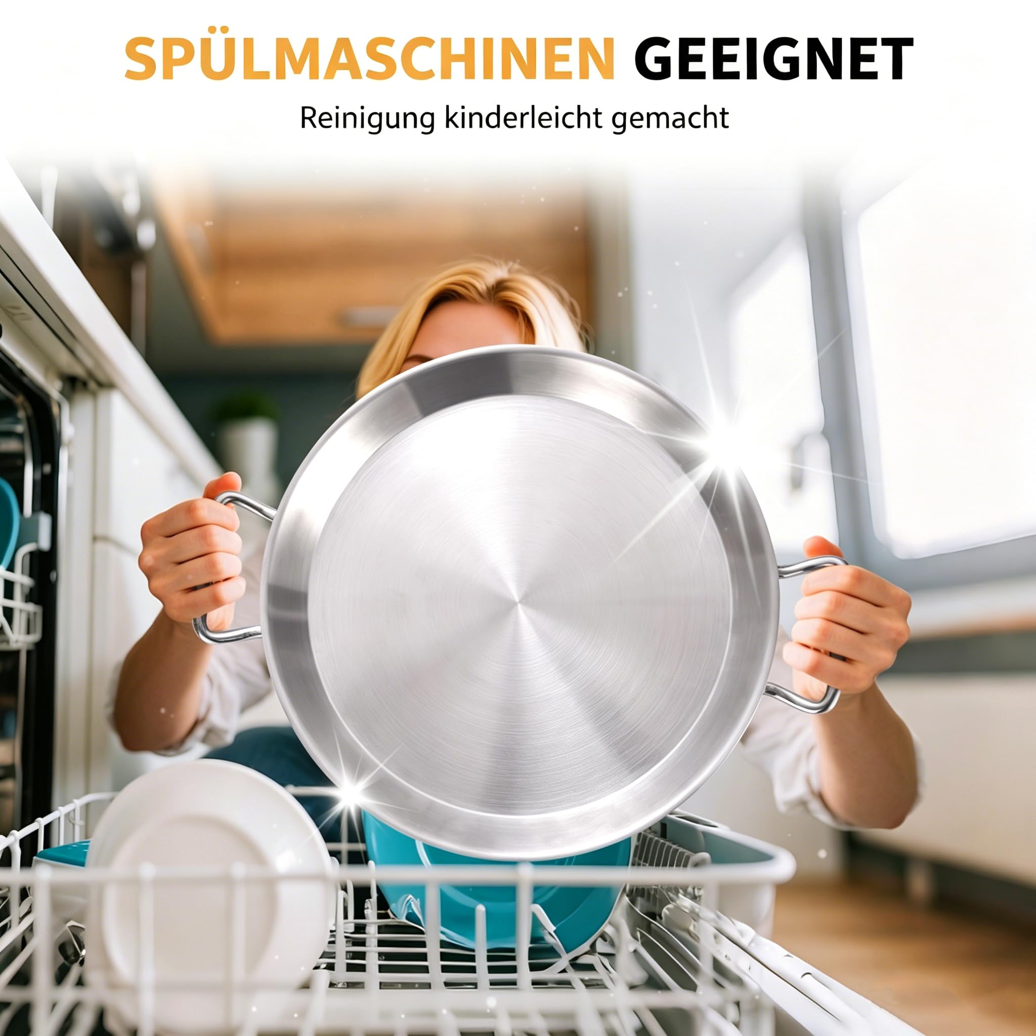 LOLYKITCH Paellapfanne 36 cm mit Glasdeckel Edelstahl unbeschichtet