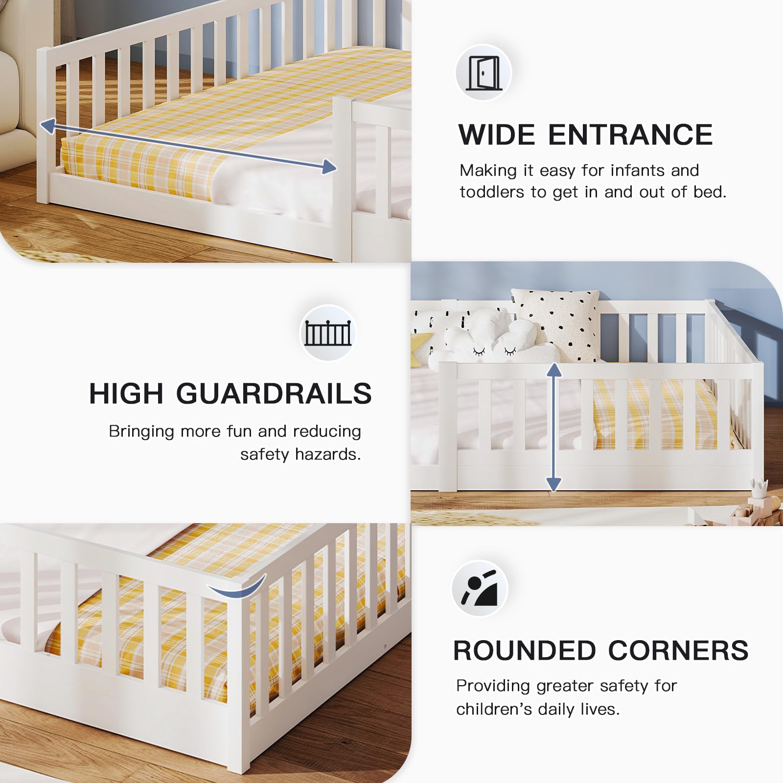 labebe Kinder-Bodenbett 90 x 200, weißes Massivholz-Montessori-Bett mit Sicherheitsgeländer und Lattenrost (Matratze Nicht im Lieferumfang enthalten) Geeignet für Kinder und Babys
