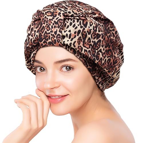 Miniatura 7 de YFONG Gorro de ducha reutilizable para mujer, impermeable y duradero, con forro de doble capa, gorra de pelo ajustable para todas las longitudes de