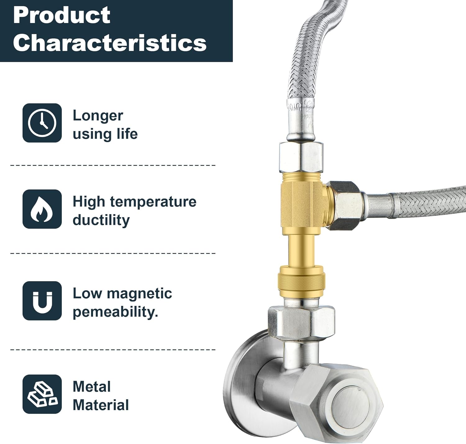 2 PCS Brass Angle Stop Add-A-Tee Valve,3/8" Compression Inlet x 3/8" Outlet Easy Connect Tee with Built-in Sealing Gasket for Faucet, Pipe Fitting, Brass Pipe Connector for Plumbing