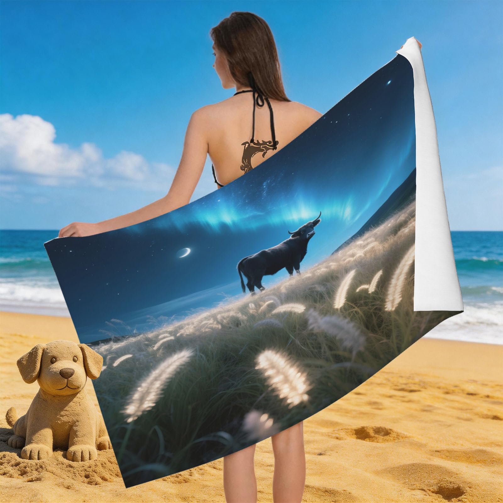 Leichong 3D Cow Beach Towel Large Microfiber Soft Quick Dry for Adults, Nature Scene Bath Towel Lightweight Soft Absorbent for Travel Swimming Pool Sports, 80 x 160 cm