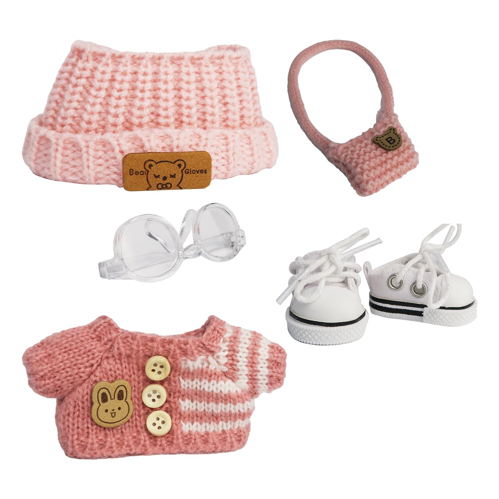 cloth for 15cm  17cm doll5-piece handcrafted crochet clothes outfitno doll - light pink clothes  light pink bear-shaped velvet hat  glasses  shoulder bag  white canvas shoes