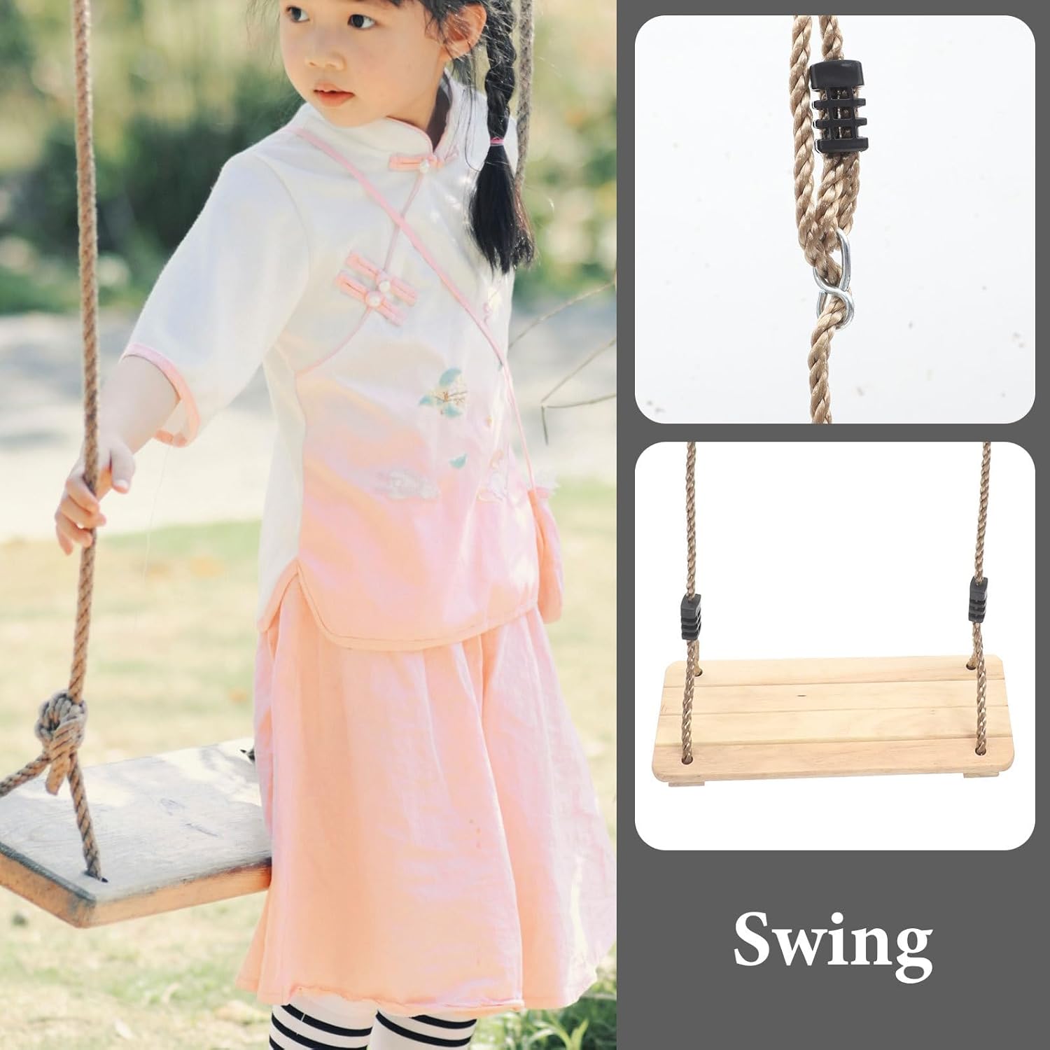 TOYANDONA Wooden Swing for Indoor Outdoor Pine Hanging Swing Playset Backyard Decorative