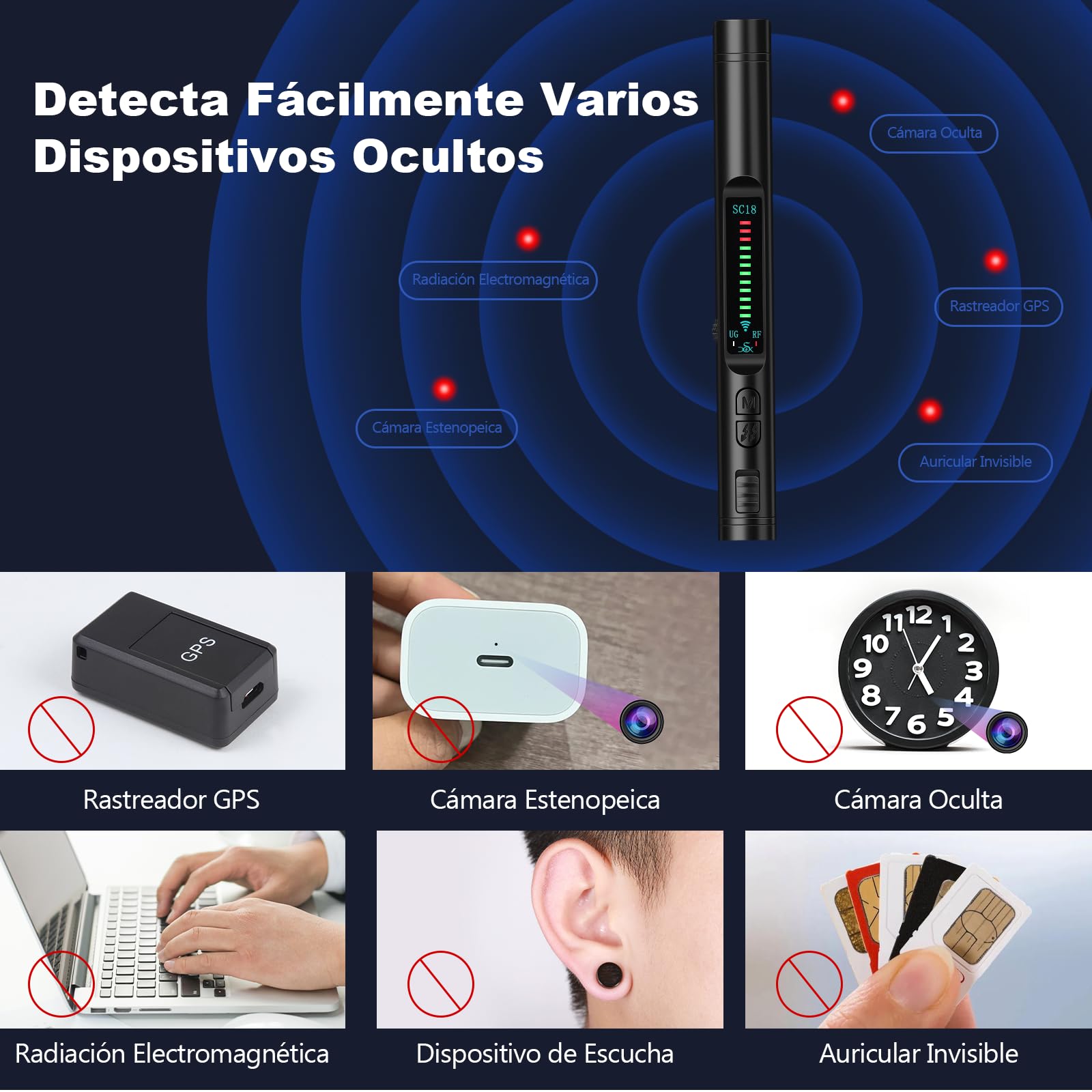 Detector de Camaras Microfonos Ocultos, Detector de Cámara Antiespía Detector de Rastreador GPS, RF Inalámbrico Detector para Automóvil, Oficina, Hotel