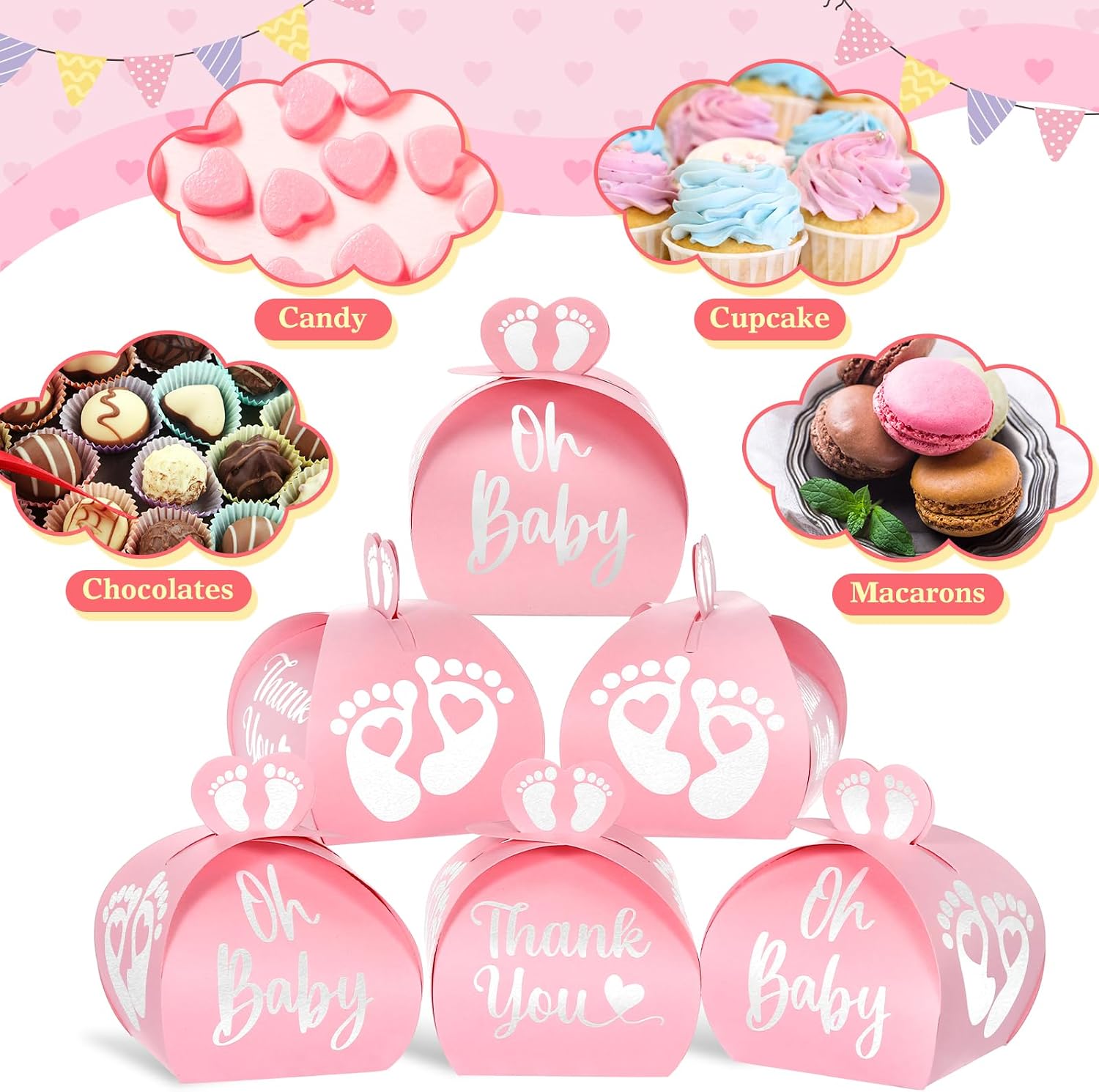 Humyoun 50 Pcs Baby Shower Thank You Gift Box Footprint Small Candy Treat Boxes Heart Favor Bags with White Gold Foil Printed for Guest Baby Shower Gifts Neutral Gender Reveal Favors (Pink) image 3