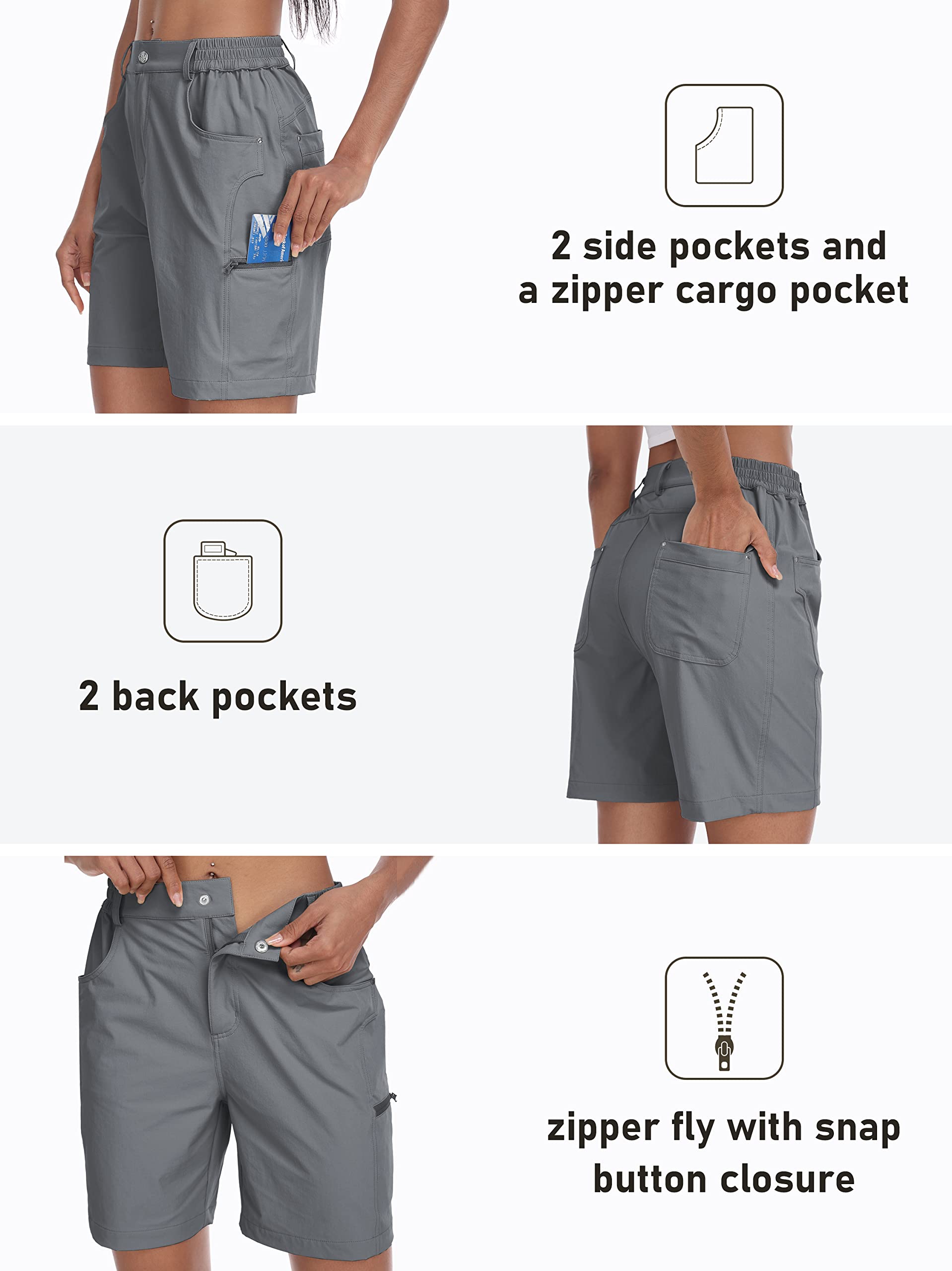 MoFiz Spodenki Cargo Damskie Hiking Shorts Lekkie Elastic Trekking Spodnie robocze Wodoodporny z kieszeniami, Szary, L