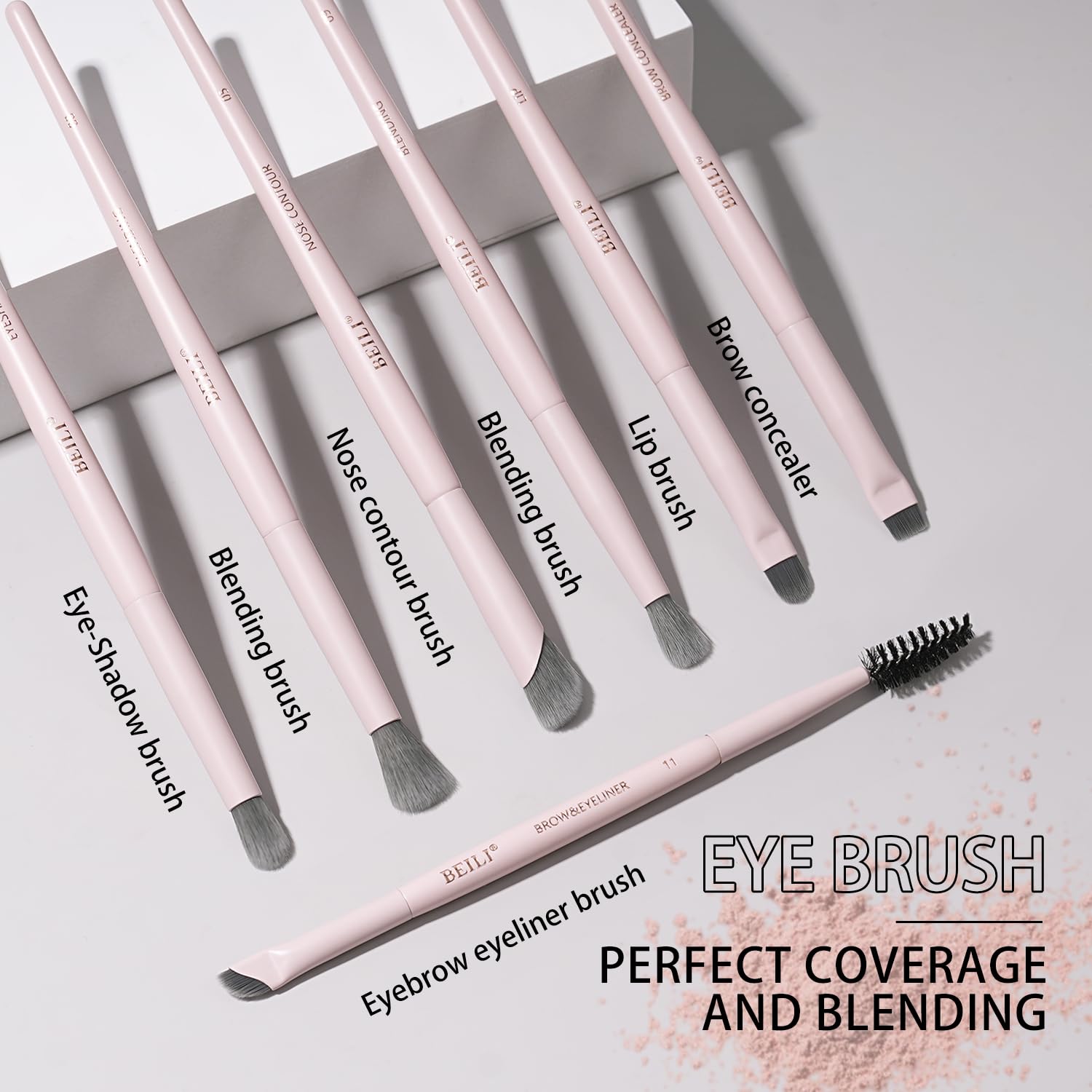 BEILI Set de pinceaux de maquillage roses, 12 pinceaux végétaliens pour fond de teint, correcteur, sourcils, ombre à paupières, contour, eyeliner et estomper.