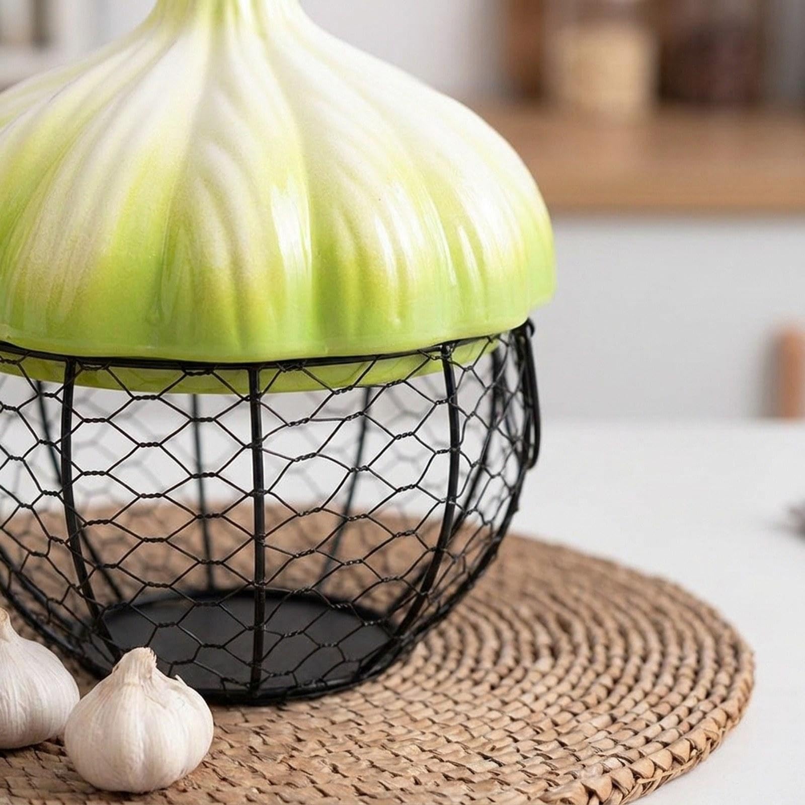 Canasta de Cesta para Guardar Huevos Recipiente de Verduras Frutero Alambre Metálico Cerámica E Hierro con Asa Práctica Adecuado para Pantalla de, Verde, Individual