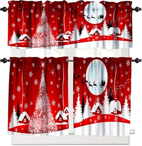 Miniatura 10 de Juego de cortinas de copos de nieve rojos de Navidad, cenefas de ventana y juego de niveles para sala de estar, cocina, decoración del hogar, 54 x