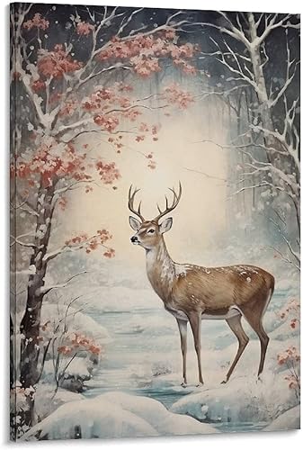 Reh Im Schnee Winterwald, Weihnachten Zum Ausdrucken, Rentier Winter Weihnachten ottagecore Dekor, Canvas Wall Art Print Poster For Home School