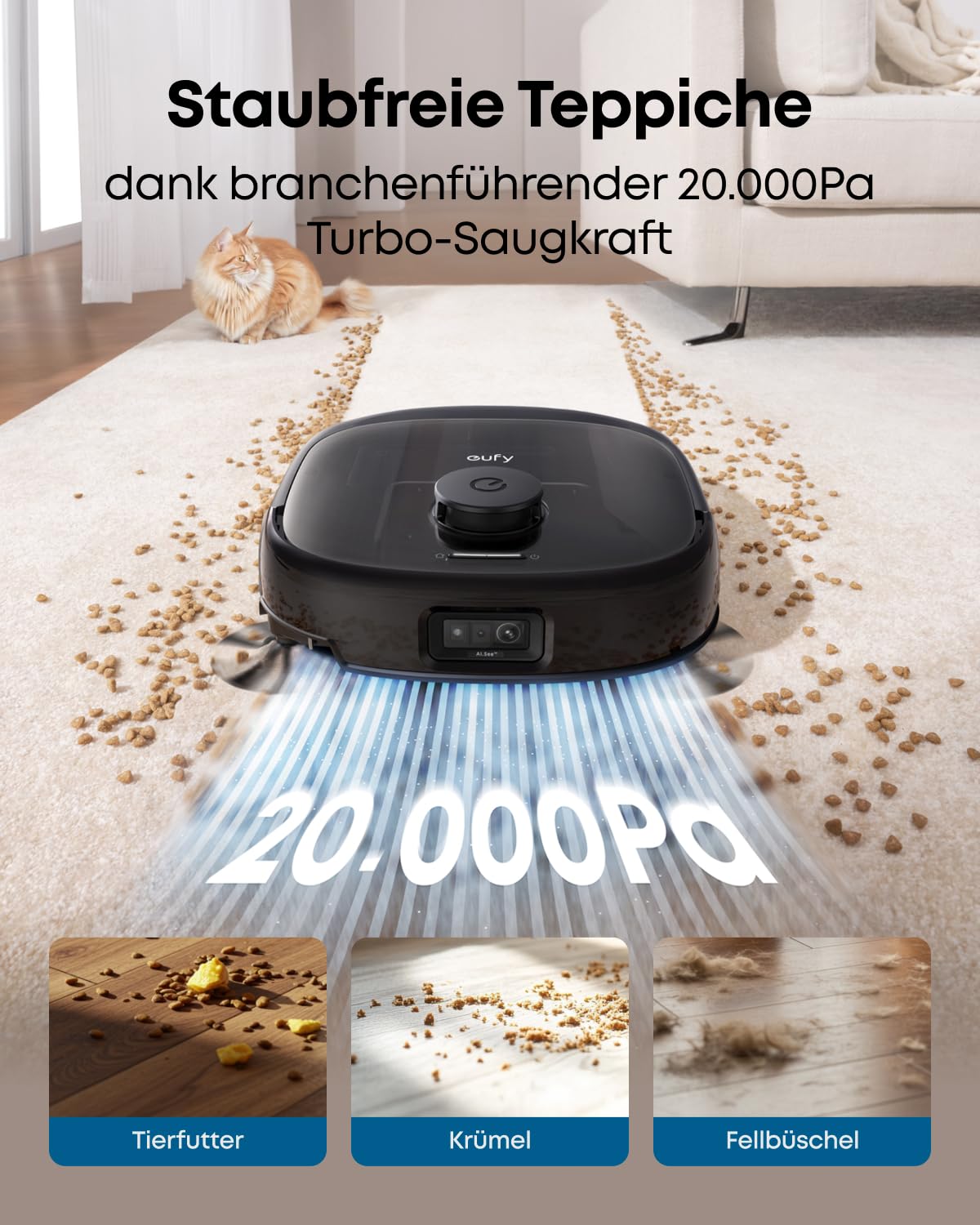 Robot sprzątający z mopem eufy E28(odnowiona) Omni, system HydroJet, z przenośnym urządzeniem do gruntownego czyszczenia dywanów, moc ssąca 20 000 Pa, zero splątań, gruntowne sprzątanie rogów