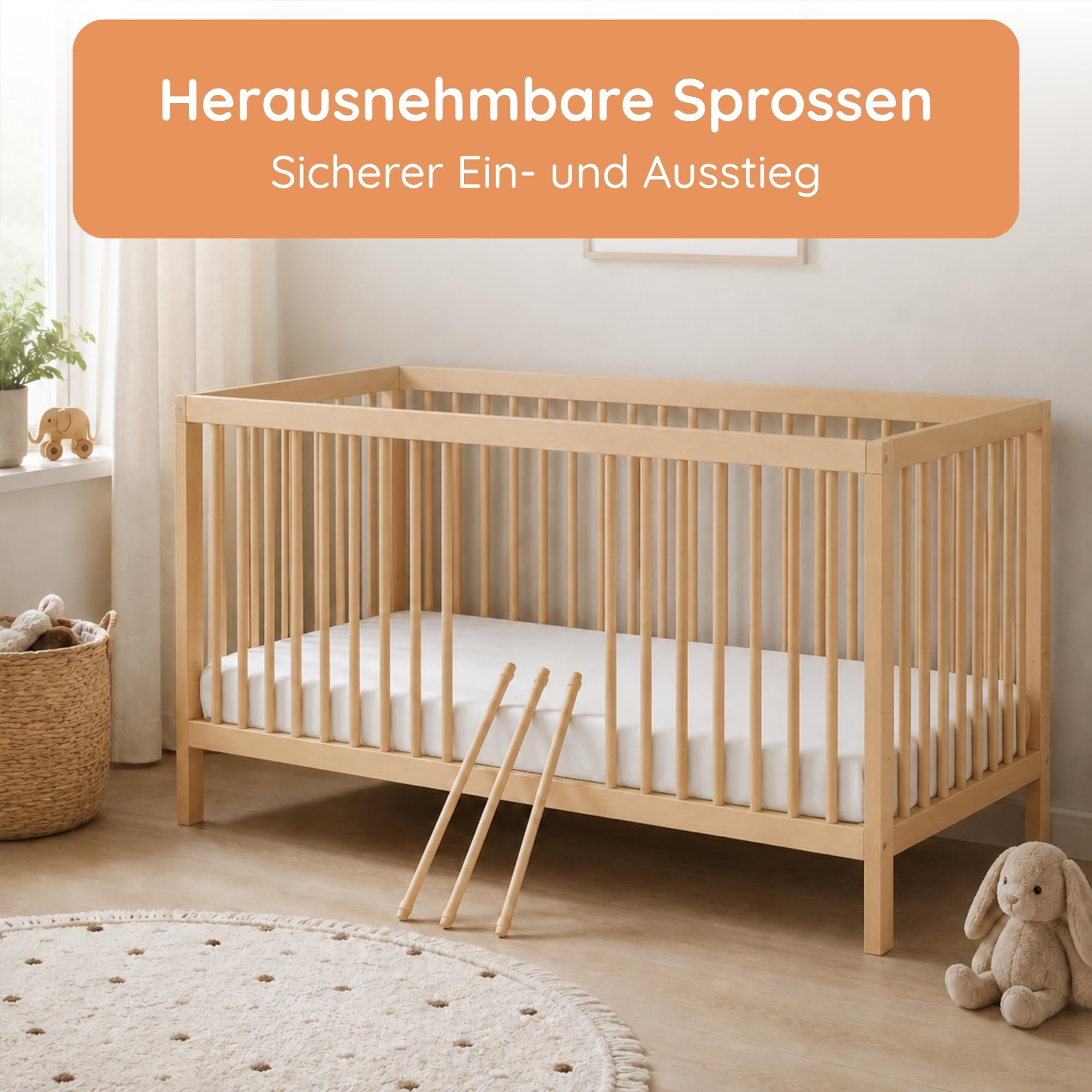 Kids Collective Babybett Kinderbett Gitterbett mit Rausfallschutz Baby Bett | stabiles Buchenholz | Juniorbett | Made in Europe | Kinderzimmer Jugendzimmer Möbel | 70x140 cm | Natur