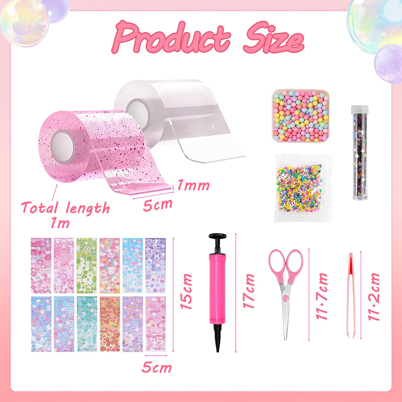 20Pcs Nano Tape Bubbles Kits de Loisir Creatif Enfant,Double Face Transparent, Ruban adhésif Nano pour Faire des Bulles avec Autocollant à Paillettes(Transparente+Rose)